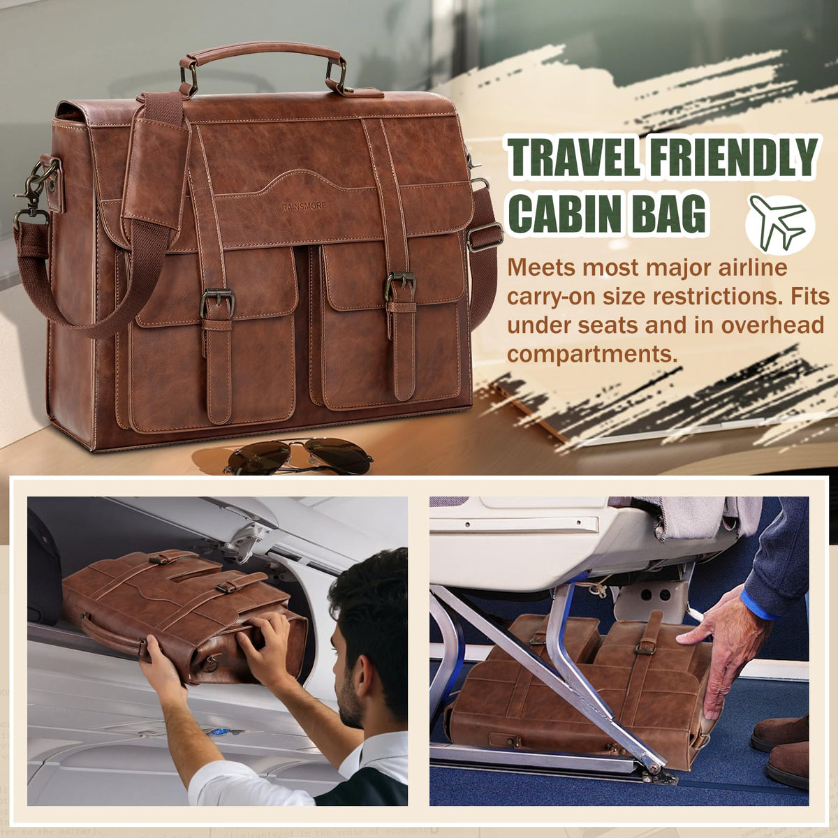 RAINSMORE Mens Messenger Bag 17 Inch Vintage Leather Laptop Briefcase Magnetic Closure Large Satchel Computer Shoulder Bag for Office Travel College, Brown