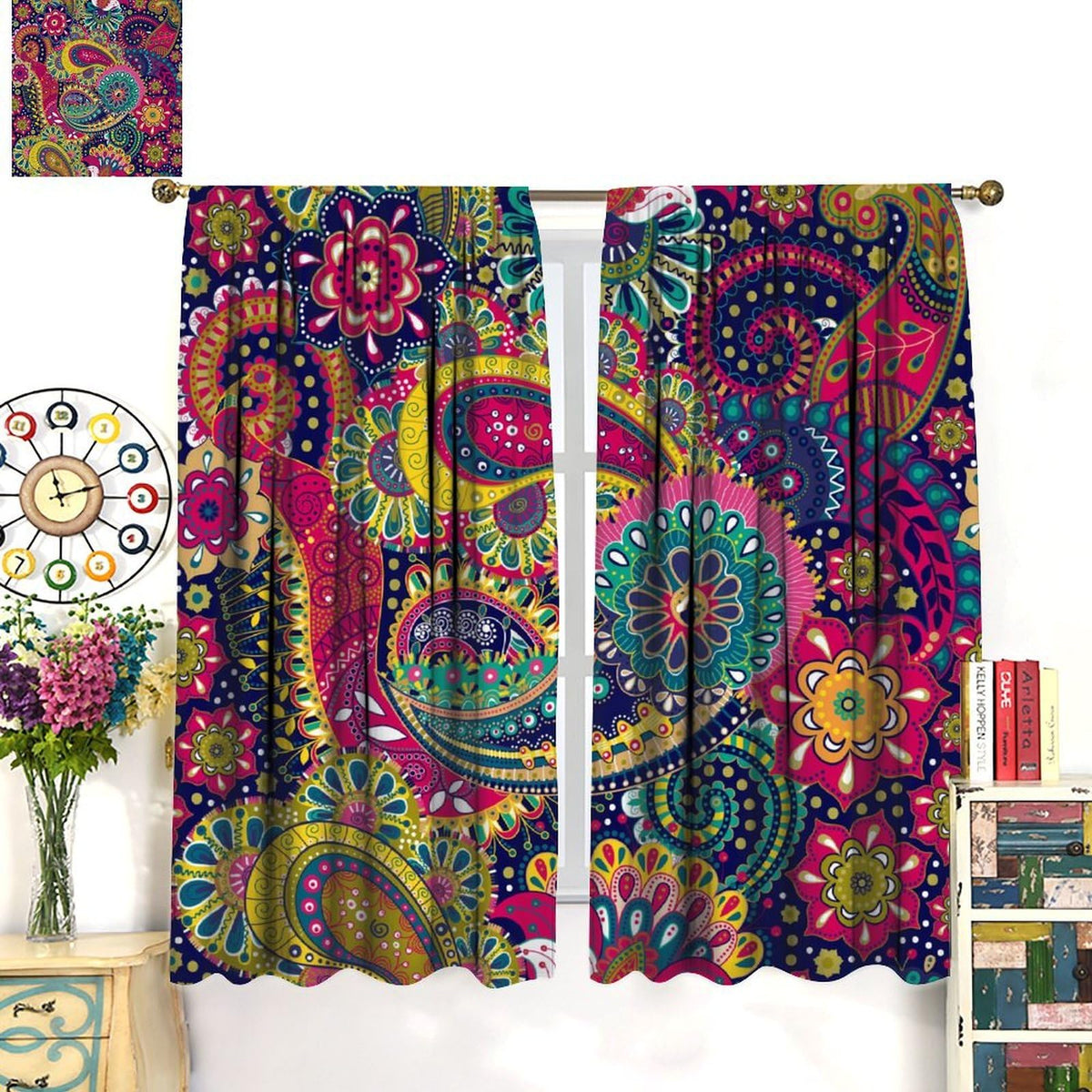 Djaby Paisley Floral Curtains, Colourful Mandala Exotic Flowers Vintage Boho Bohemian Window Treatments for Living Room Bedroom 42" W X 45" L(No Blackout)