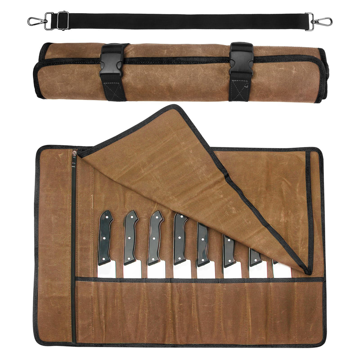 Chef Knife Roll Bag,Waxed Canvas Knife Travel Case,Heavy Duty Professional Knife Carrier Storage Holder with 10 Slots,Portable Kitchen Culinary Tool Organizer for Men,Fits up to 18.8” Knives.Khaki