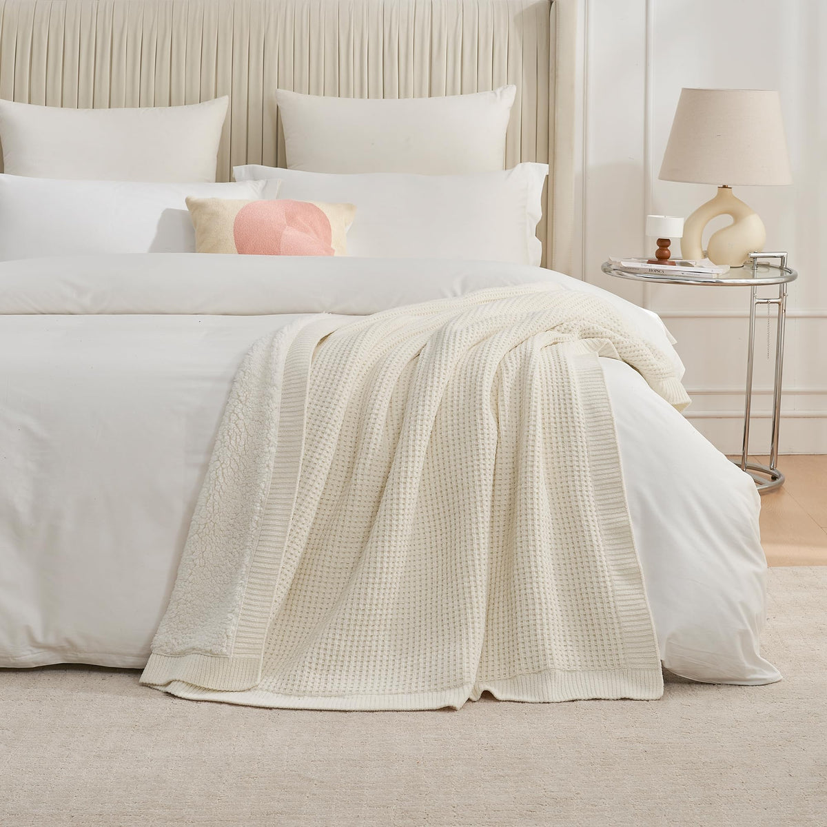 Amélie Home Reversible Waffle Weave Throw Blanket, Chenille Knit with Warm Sherpa, Soft Cozy Blanket for Couch, 50"x60", Ivory