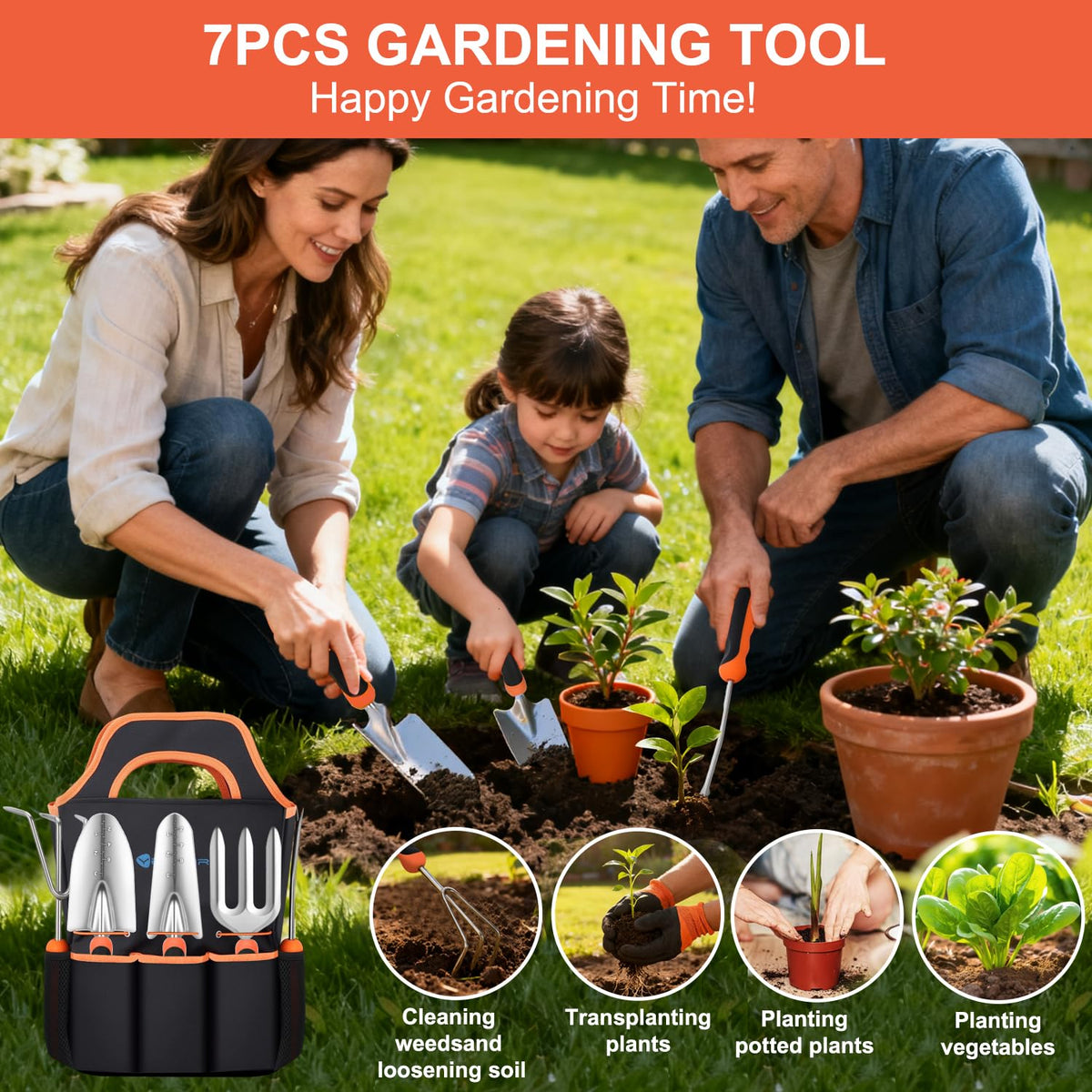 Yesker Gardening Tools 7-Piece Heavy Duty Garden Tool Set Gardening Supplies Gifts for Women Men Gardening Hand Tool Kit with Non-Slip Ergonomic Handle, Garden Bag, Pruning Shears, Black Orange