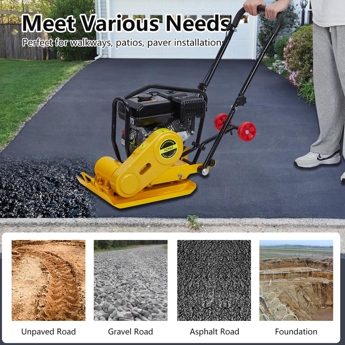 7HP Plate Compactor, 212CC Gas Engine and a Compaction Force of 4200 Lbs, 22.1 x 15.9 Inch Plate Jumping Jack Tamper, Operates At 5600 VPM, for Asphalt and Paver Landscaping Tasks
