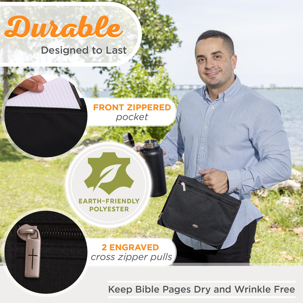 Christian Art Gifts Jesus Fish Badge Men/Women Tri-Fold Organizer Bible Cover Zipper Closure, Black Canvas, Medium