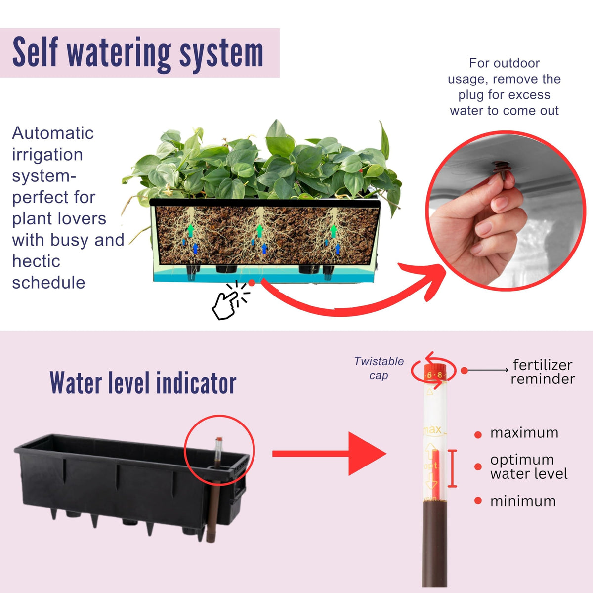 LaLaGreen Bundle - 4 Pack, 20 Inch Black and White Self Watering Hanging Planter Boxes Flower Pot, Rectangular Wall Mount, Indoor Vertical Garden Modern Window Sill Herb Trendy Outdoor Home Decor