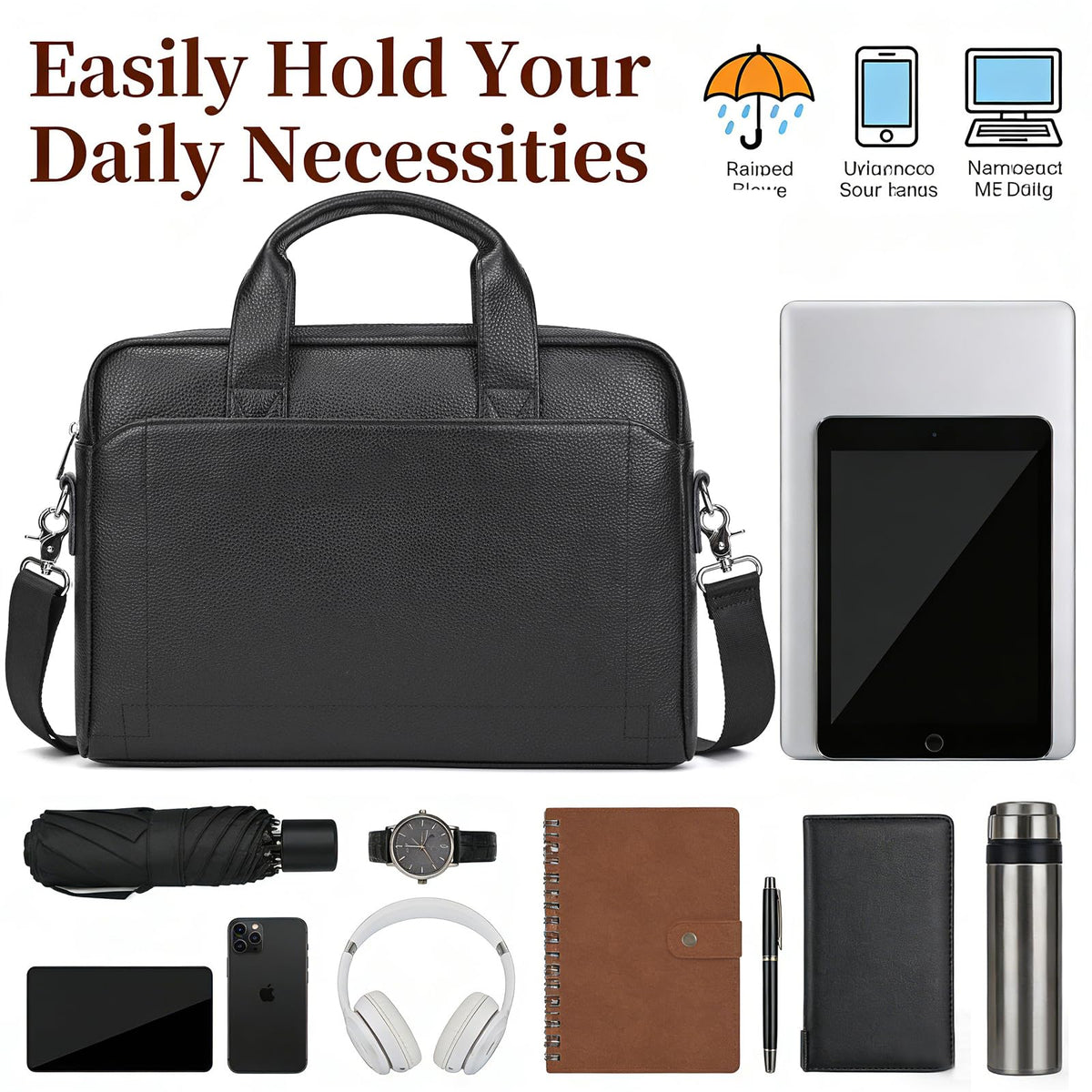 Leather Laptop Bag for Men, Laptop Briefcase Fits Up to 15.6 Inch Notebook, Portable Shoulder Messenger Crossbody Bag for Travel Business Office