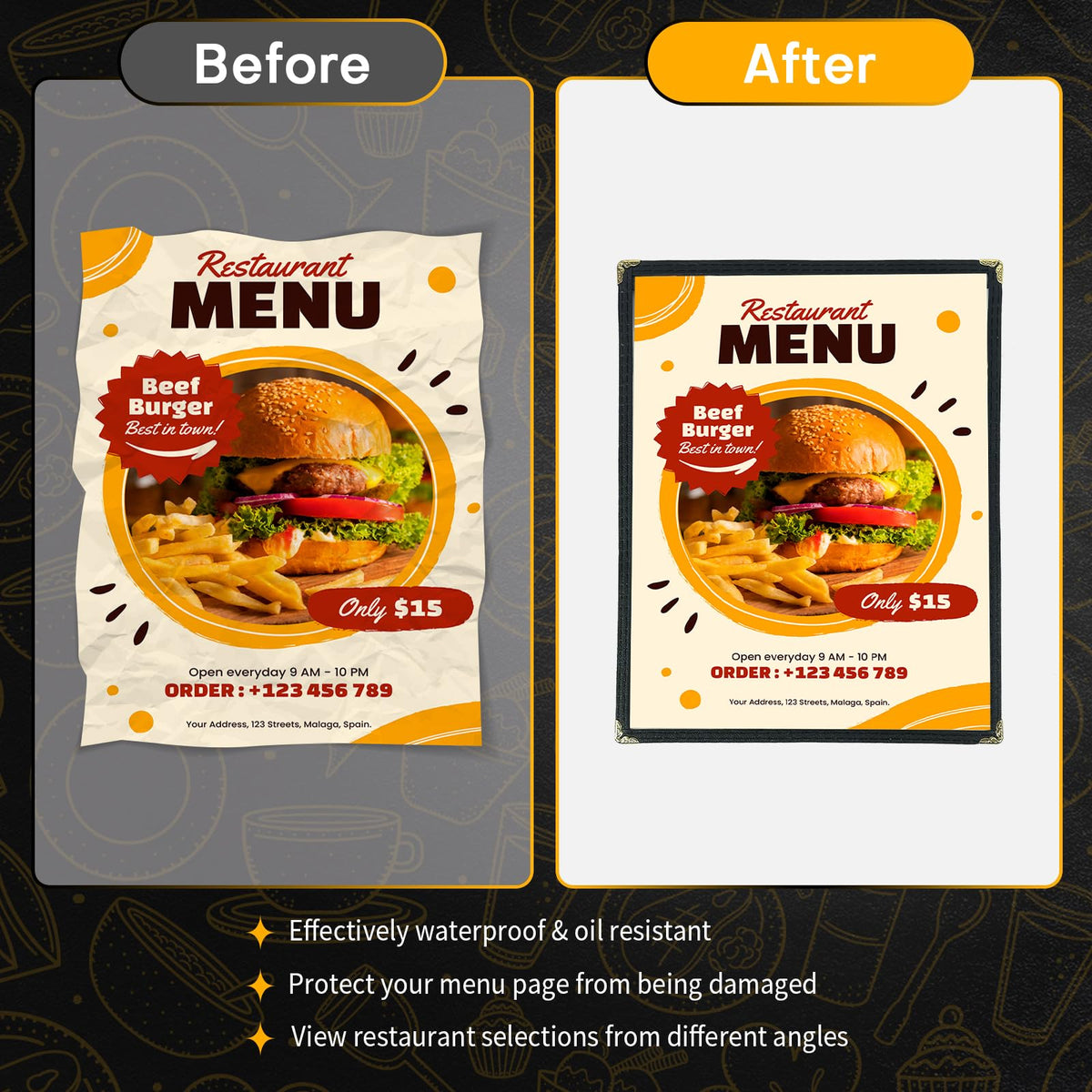 FLKQC Menu Covers 8.5 x 11 | Pack of 30 Restaurant Recipe Menu Covers Transparent Restaurant Menu Covers for Kitchen, Drink, Wine Menu Covers Black (8.5"x 11" (1 Page, 2 View))