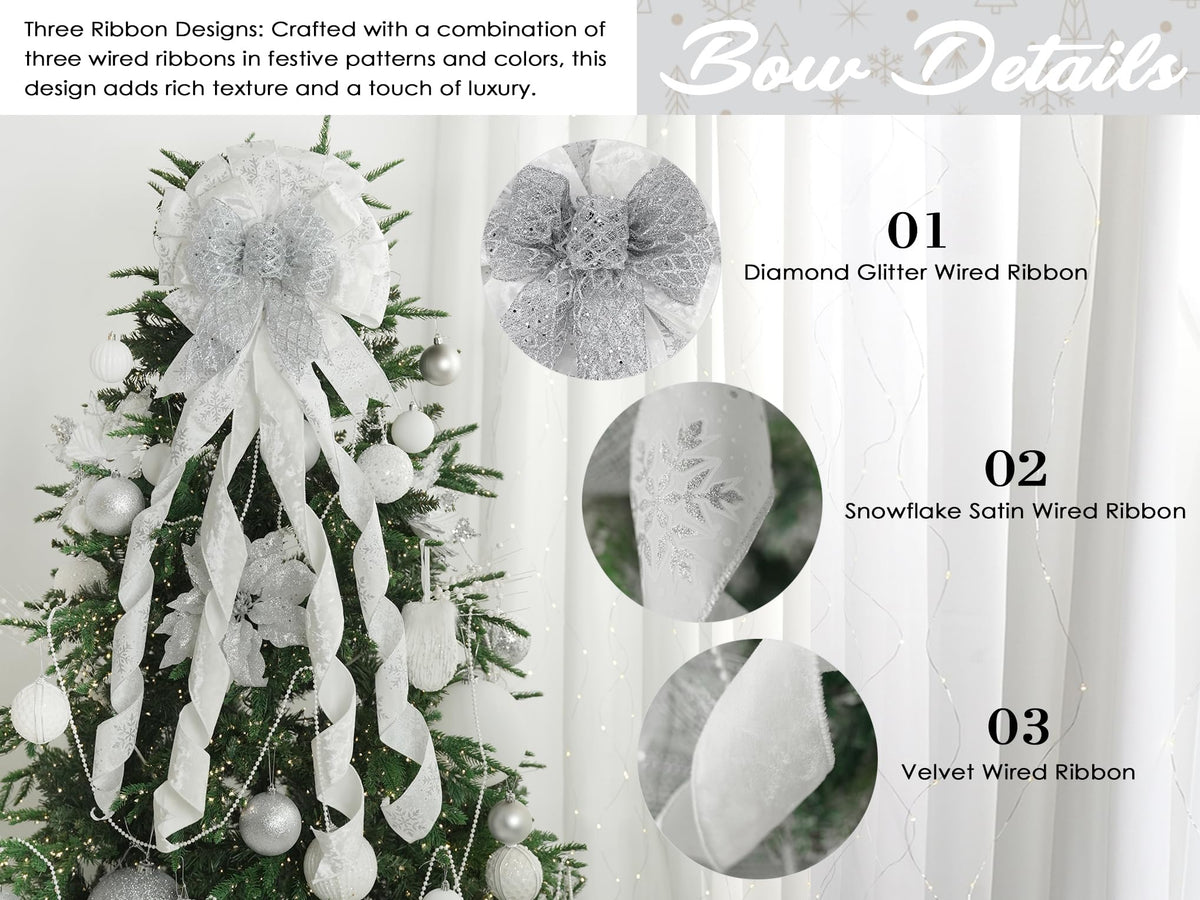 HUIHUANG Silver and White Christmas Tree Topper Bow 13 inch x 45 inch Large Glitter Christmas Bows Snowflake Velvet Bows for Christmas Tree Ornament, Wreaths, Staircase, Mantel, Home Decor