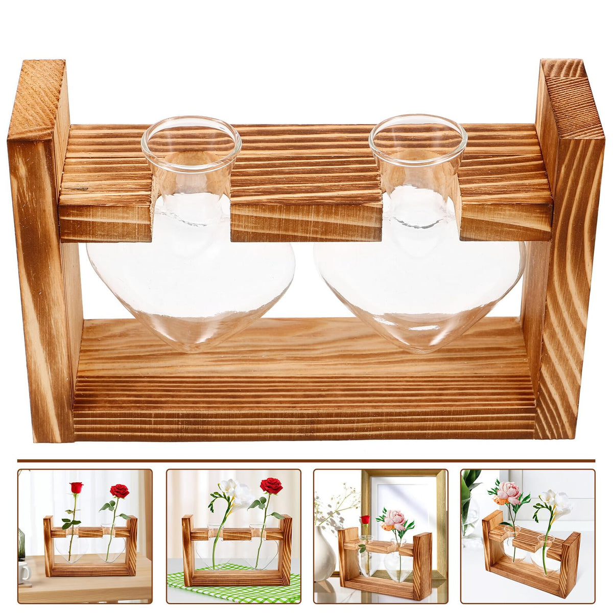 Unomor Wooden Stand Glass Terrarium Plant Holder Heart Shaped Vase Hydroponic Indoor Garden Decor with 2 Glass Containers for Home Office