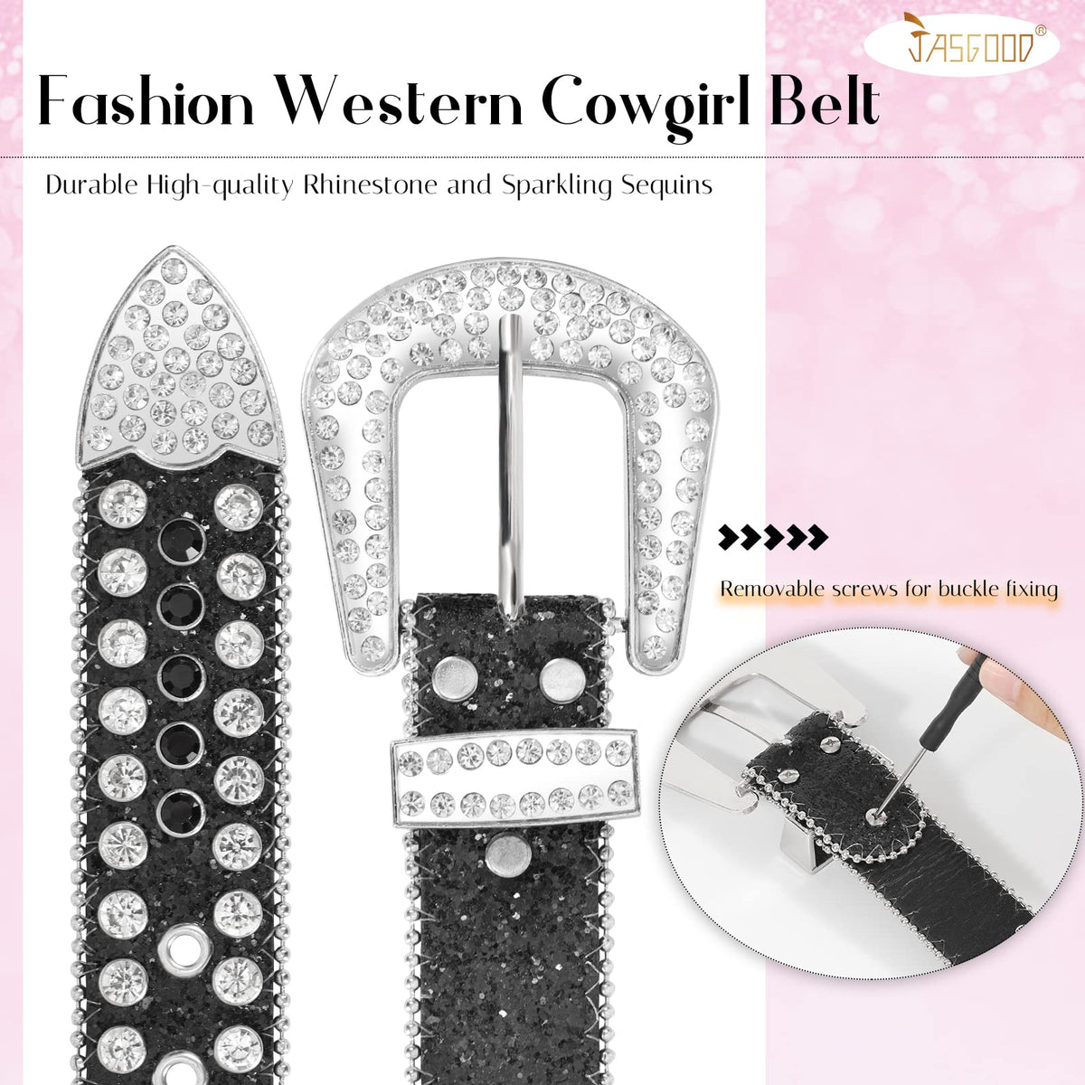 JASGOOD Women Men Rhinestones Belt,Bling Western Cowgirl Cowboy Studded Leather Belt Diamond Waist Belt for Jeans Pants