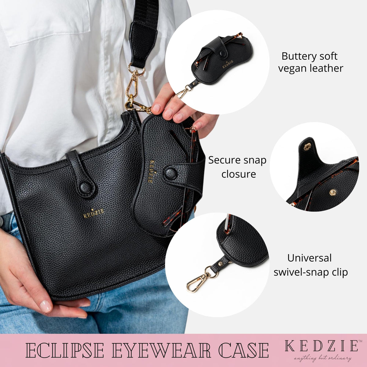KEDZIE Eclipse Eyewear Case Unisex Vegan Leather Eyeglass Case Pouch with Snap Closure - Black
