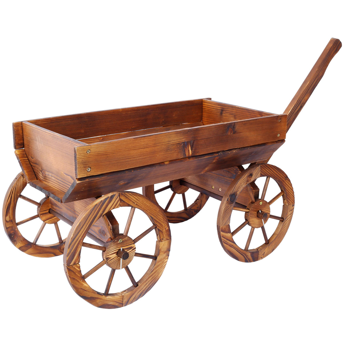 ZENITHLIVING Wooden Wagon Planter with Wheels, Brown Fir Wood Garden Cart, 41.4 x 16 x 24 Inches, Outdoor Flower Pot Stand with Handle