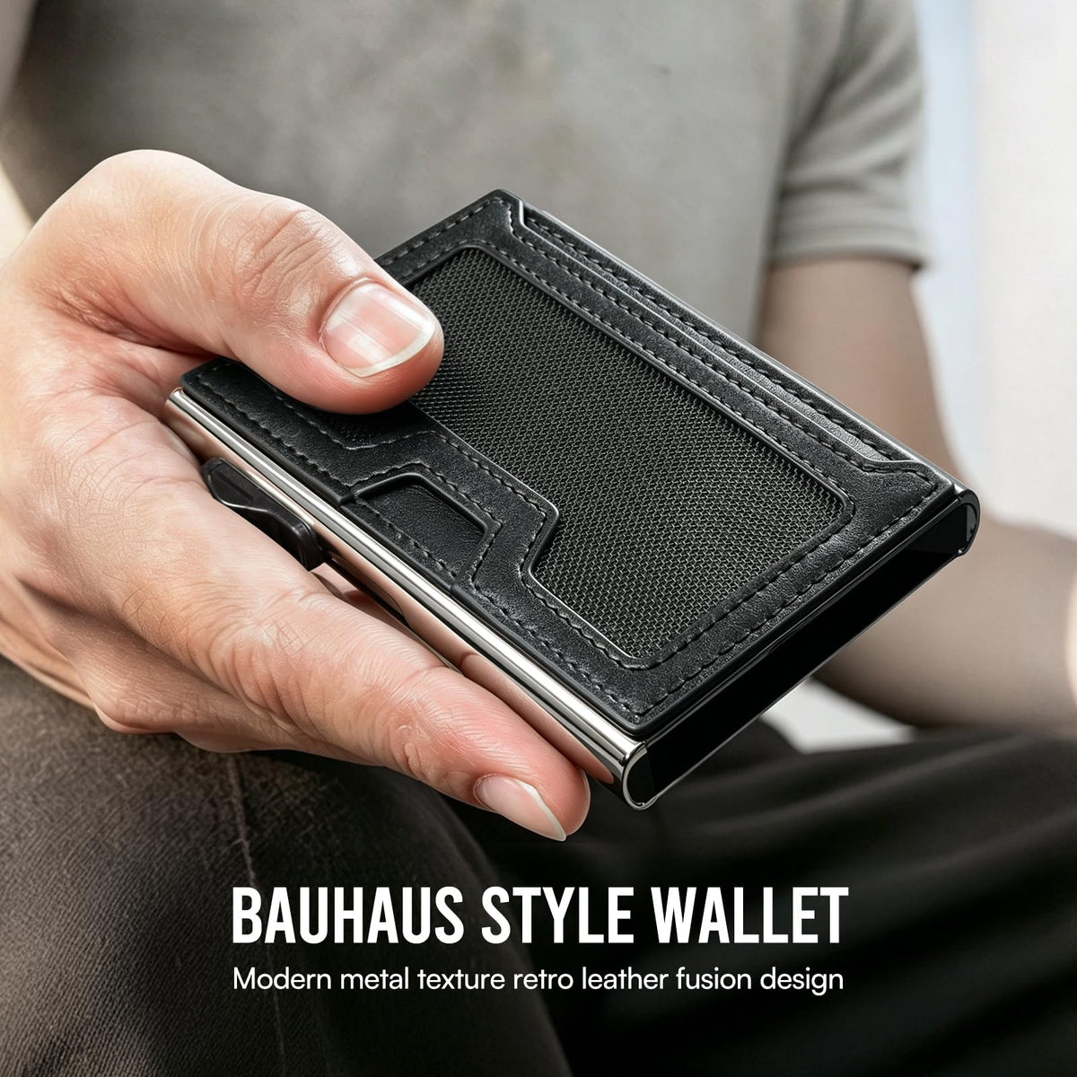 Bauhaus Slim Wallet for Men | RFID NFC Blocking Automatic Ejector | Pop-Up Card Holder Premium Leather Front Pocket Minimalist Mens Wallet Holds 7 Cards + ID + Cash | Gift for Men Black and Sliver