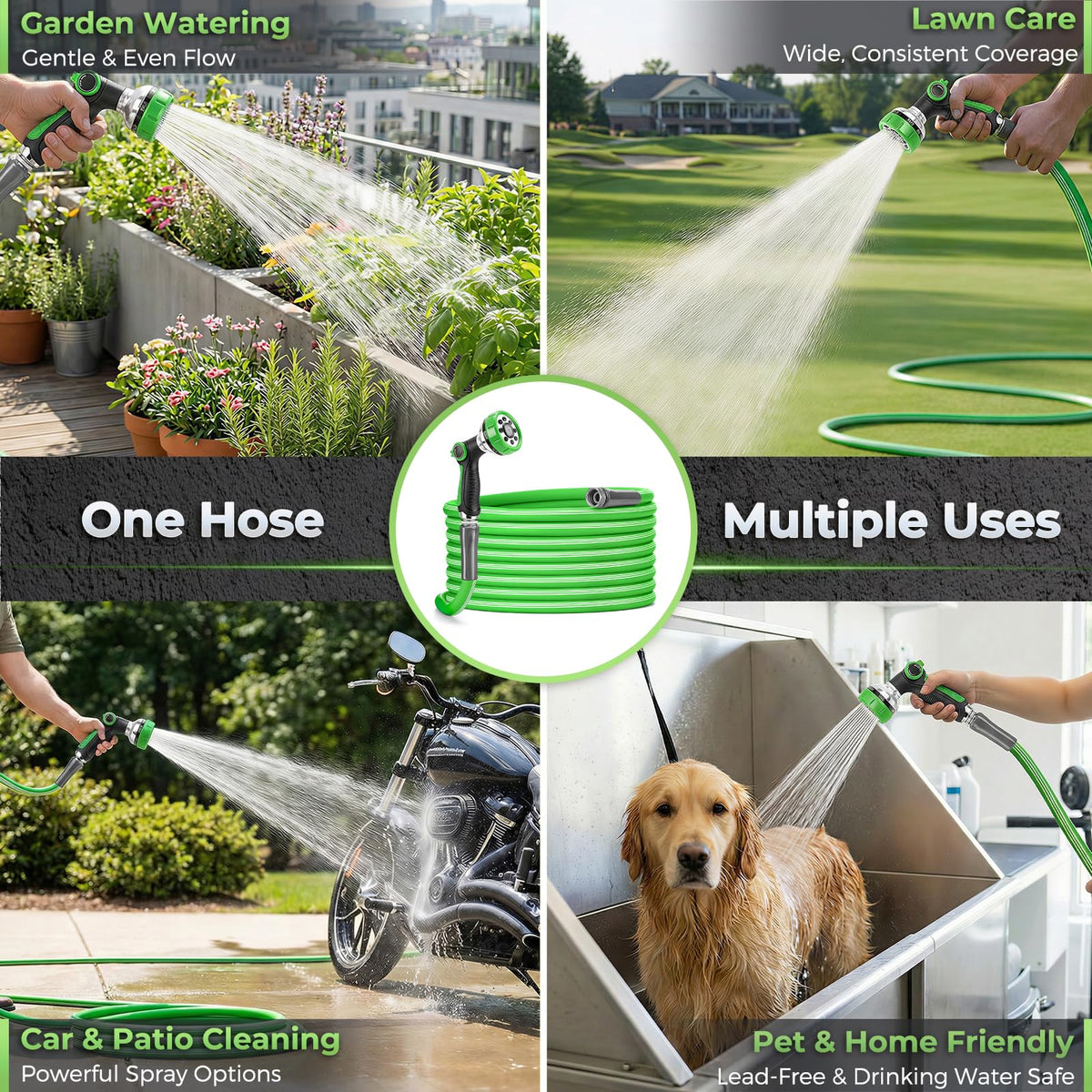 Garden Hose 100 Ft With 8-Pattern Spray Nozzle, 5/8" Lead-Free Flexible Water Hose With 3/4" Anodized Aircraft-Grade Aluminum Interface, Lightweight Kink-Resistant Water Pipe For Lawn, Yard, Outdoor