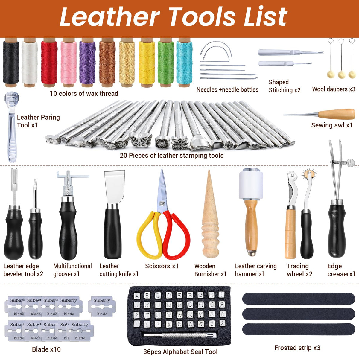 Leather Working Tools Craft Kit for Carving Stamping Sewing Punching Cutting with Storage Bag Professional Leather Tooling kit for DIY Crafting
