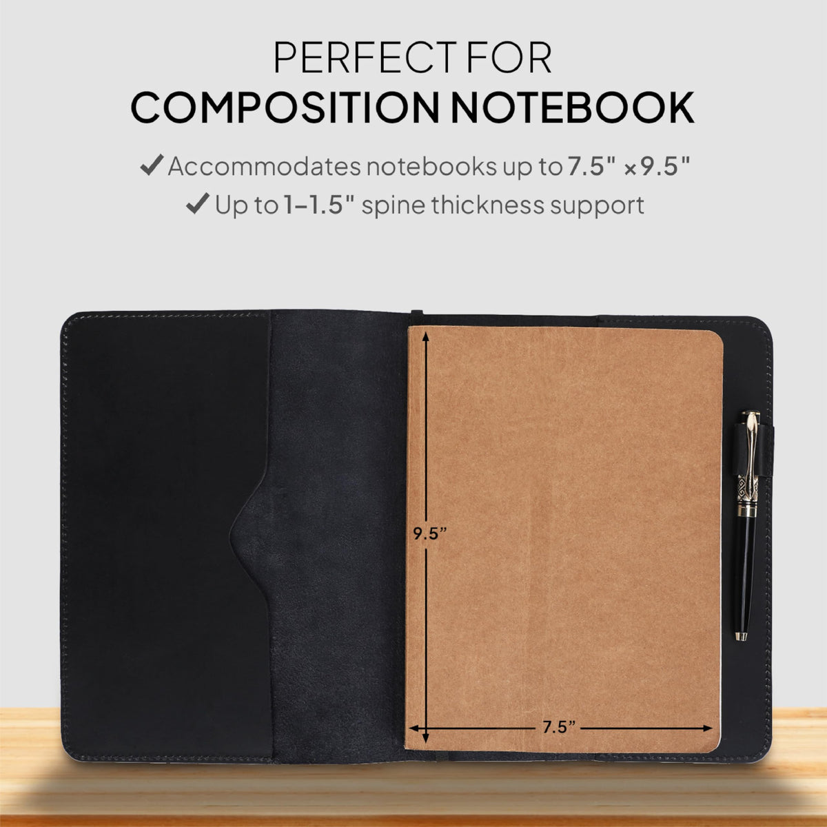 TheAntiq XL Leather Journal Cover 7.5 x 9.5 Inch – Refillable Genuine Leather Cover for Composition Notebook, Planner & Diary – Handmade Protective Travel Writing Case, Black