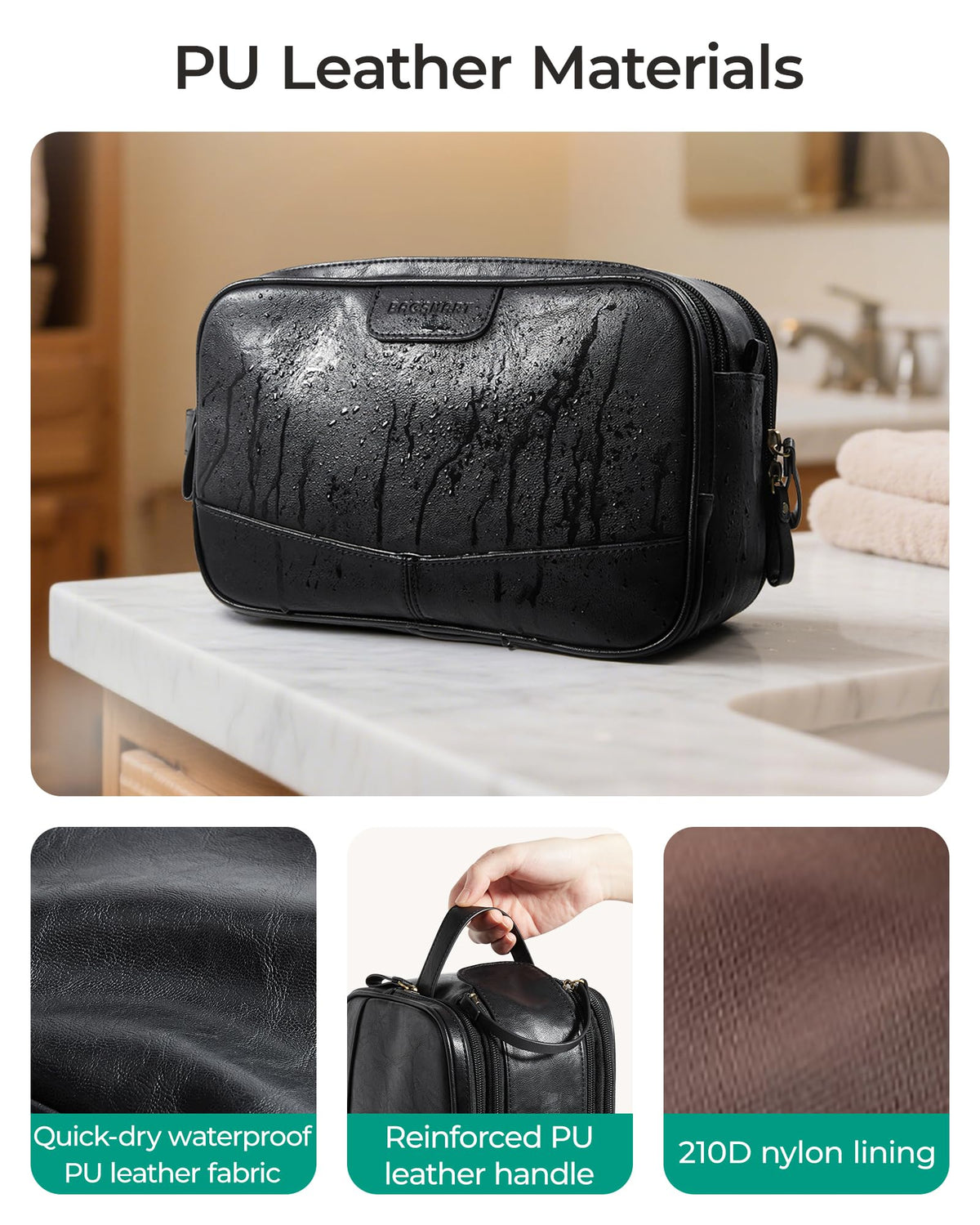 BAGSMART Medium Toiletry Bag for Men, PU Leather Travel Bag for Toiletries, Dopp Kit Water Resistant Shaving Bag for Bathroom Shower-Camel