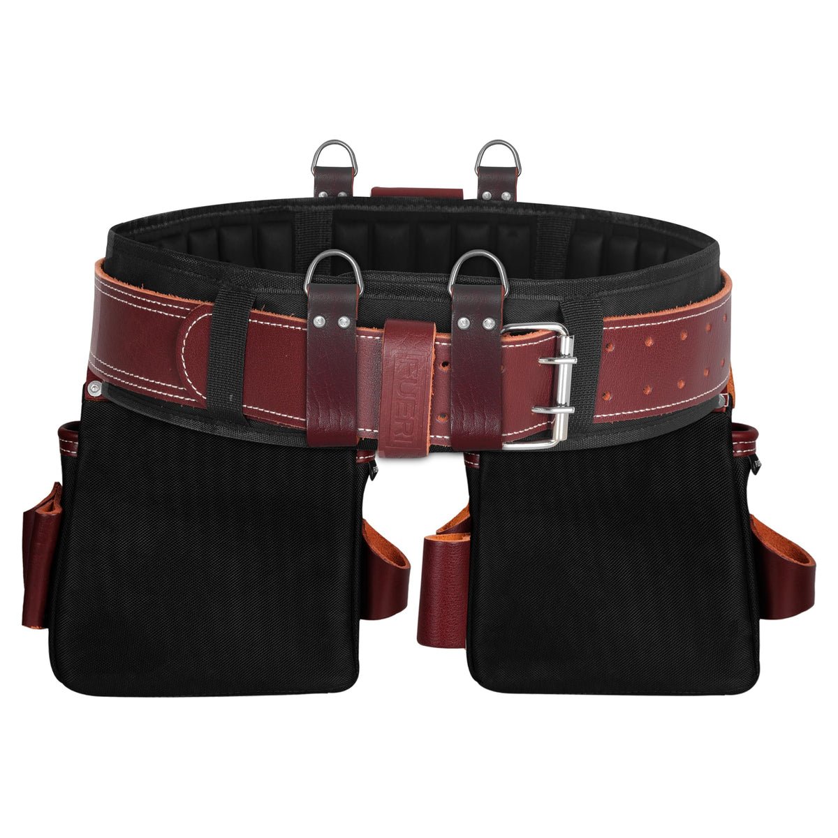 FUERI Tool Belt With Suspender Men Carpenter Pouches Construction Bags (Black and Maroon Tool Belt with Black Suspender, 2X-Large (48'' to 54''))