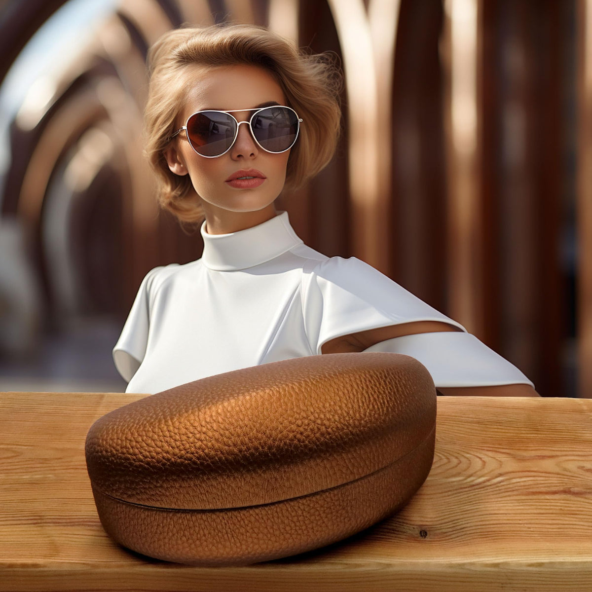 MyEyeglassCase LARGE CURVED Sunglasses Case DOES NOT FIT OVERSIZE FRAMES - Women Premium Hard Shell Sunglass Case in Leather Like cover with Microfiber Pouch & Cleaning (AS413 Bronze)