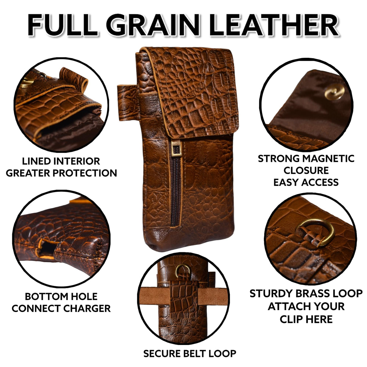 Genuine Full-Grain Buffalo Leather Cell Phone Holsters – 7” H x 3.5" W Leather Cell Phone Holster Large Smartphones – Secure & Durable Phone Belt Holder (Crocodile Print) (Croco Tan)
