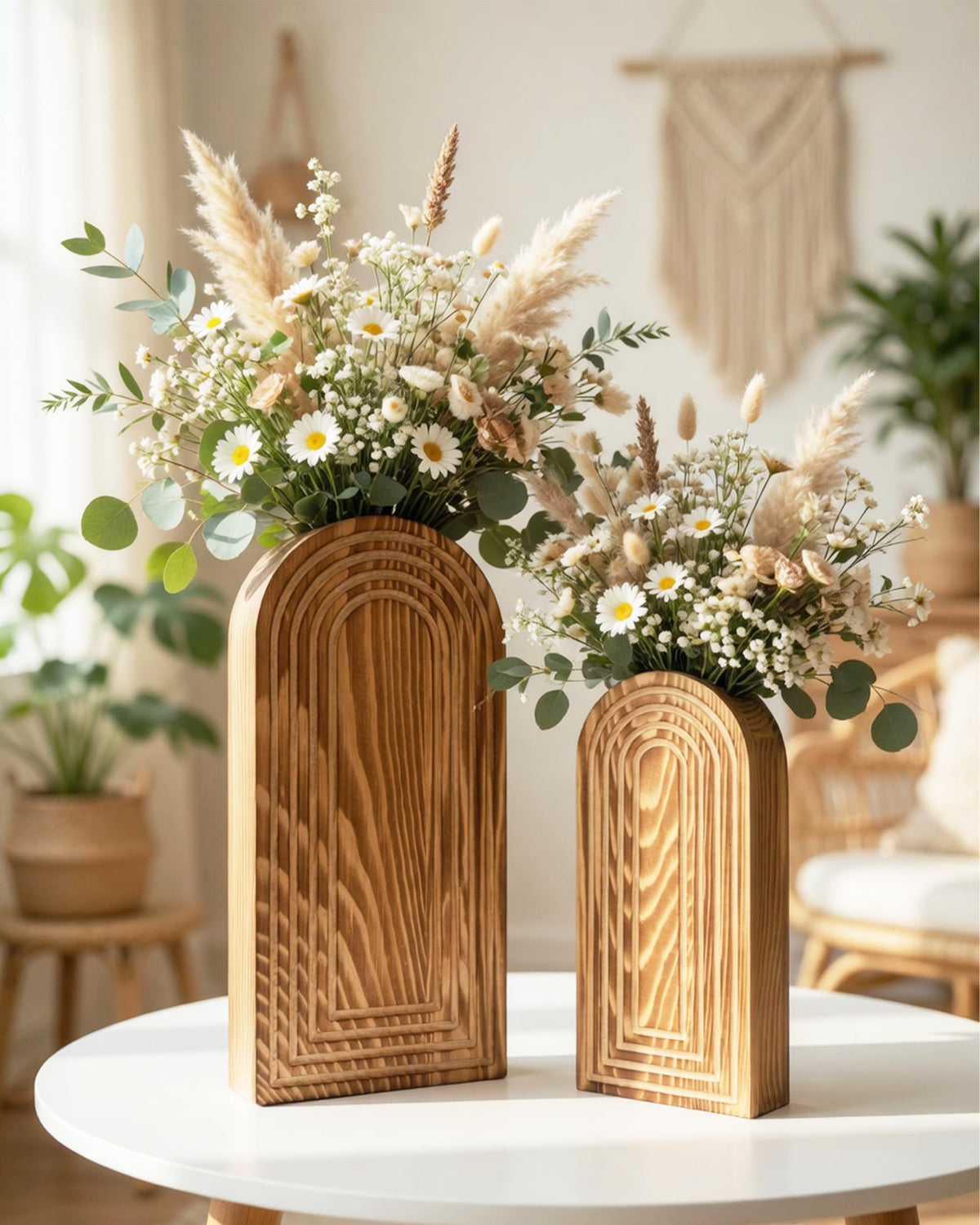2 Pack Wooden Wall Vase Set - Boho & Modern Farmhouse Wall Decor, Hanging Planter for Indoor Plants & Flowers, Wood Mounted Art for Living Room, Bathroom, Hallway, Home Decor (Burnt Wood, Medium)