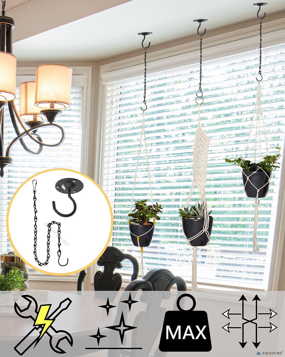 NACETURE Ceiling Hooks for Hanging Plants 3 Pack - Plant Hanger Indoor Hanging Hooks Metal Plant Bracket Iron Lanterns Hangers for Wind Chimes (Black 3 Pack + Chain)