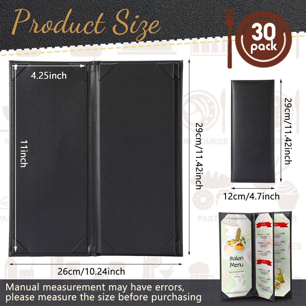Jexine 30 Pcs Leather Menu Covers Holders - 4.25 x 11 Inches 4 View Fold Black Leather Menu Book with Angled Corners Waterproof for Restaurant Cafe Bar Wine Drinks List Covers Set