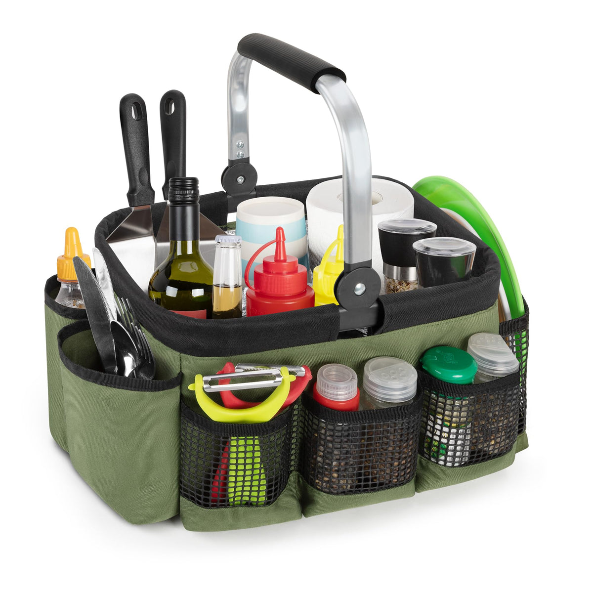 PGmoon Grill and Picnic Caddy, Foldable BBQ Tool Caddy with Rotated Handle, Multi-Pocket Grill Utensil Storage Bag for Outdoor Camping Picnic Patio Barbecue Accessories, Green