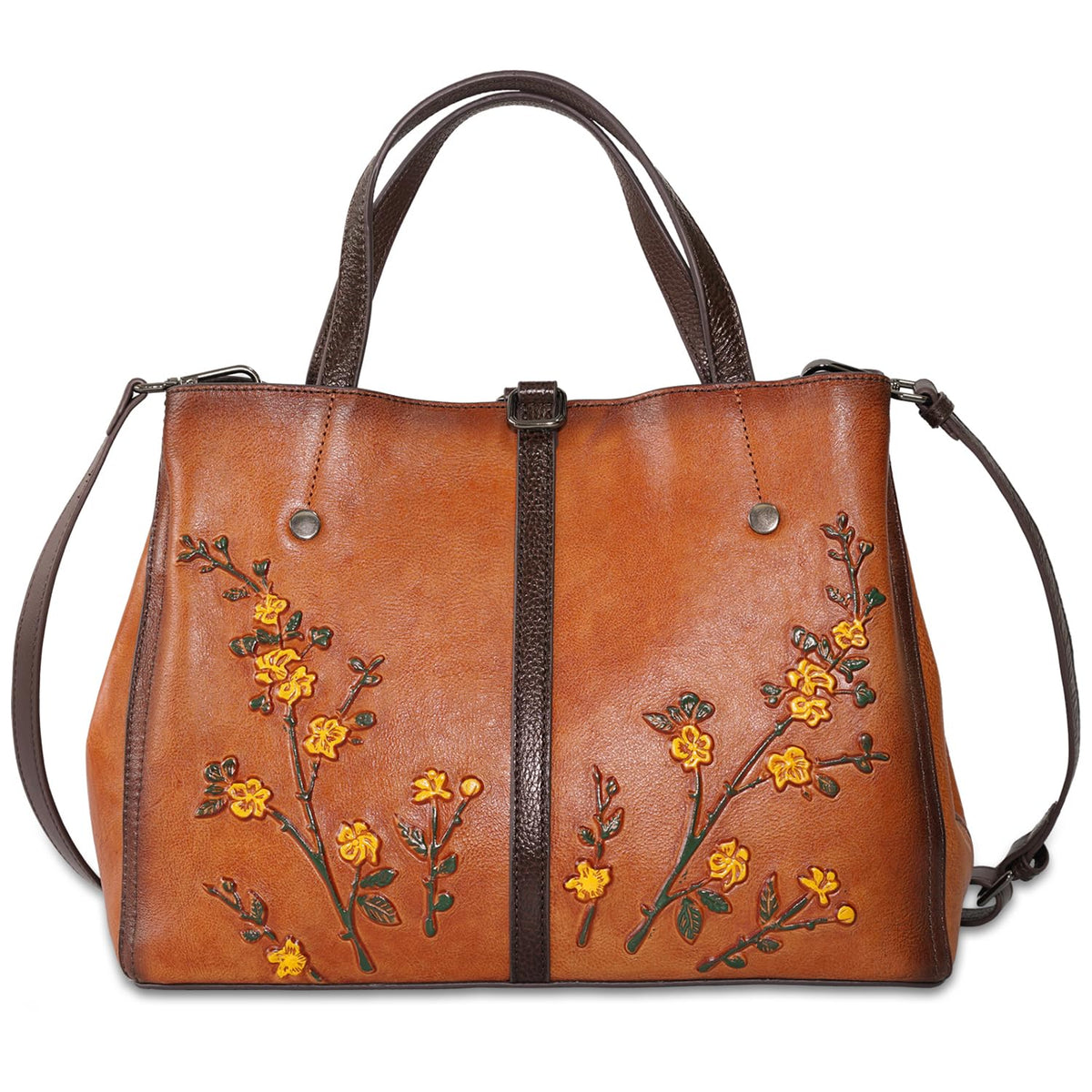 SHARPAD Genuine Leather Satchel for Women Top Handle Bags Handmade Purse Vintage Embossed Leather Crossbody Handbags Hobo Bag (Brown-2)