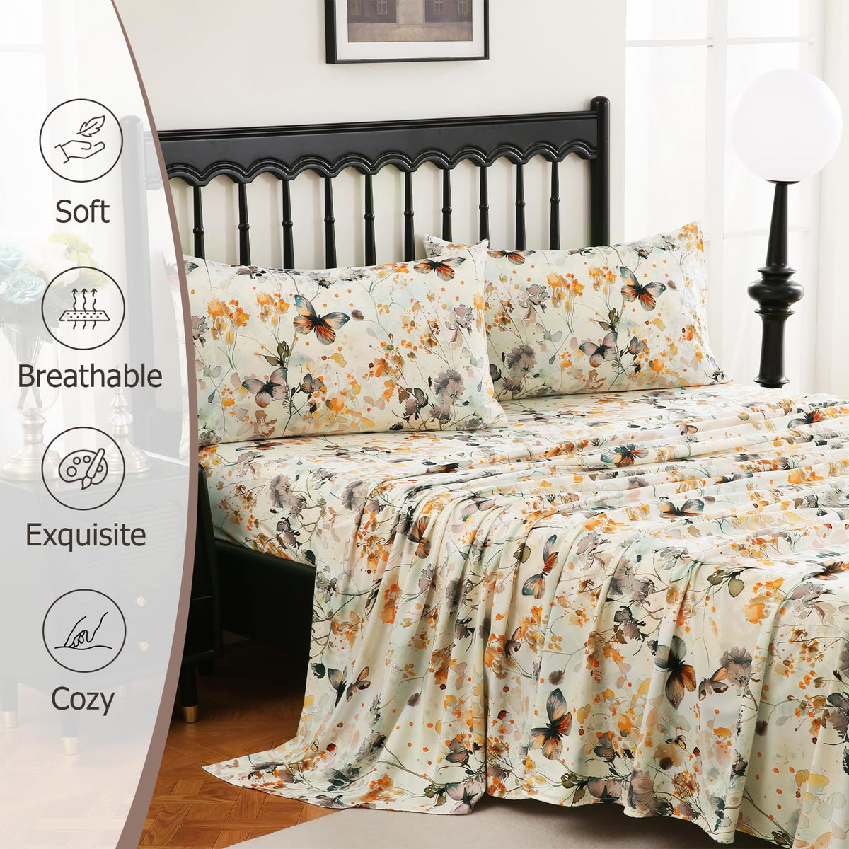 CozySmile Floral Printed Sheet Set King Size 4 Piece,Soft & Breathable Deep Pocket 16" Cooling Wrinkle Free Comforter Bed Set Botanical Pattern Sheets (King, Butterflies Dancing)