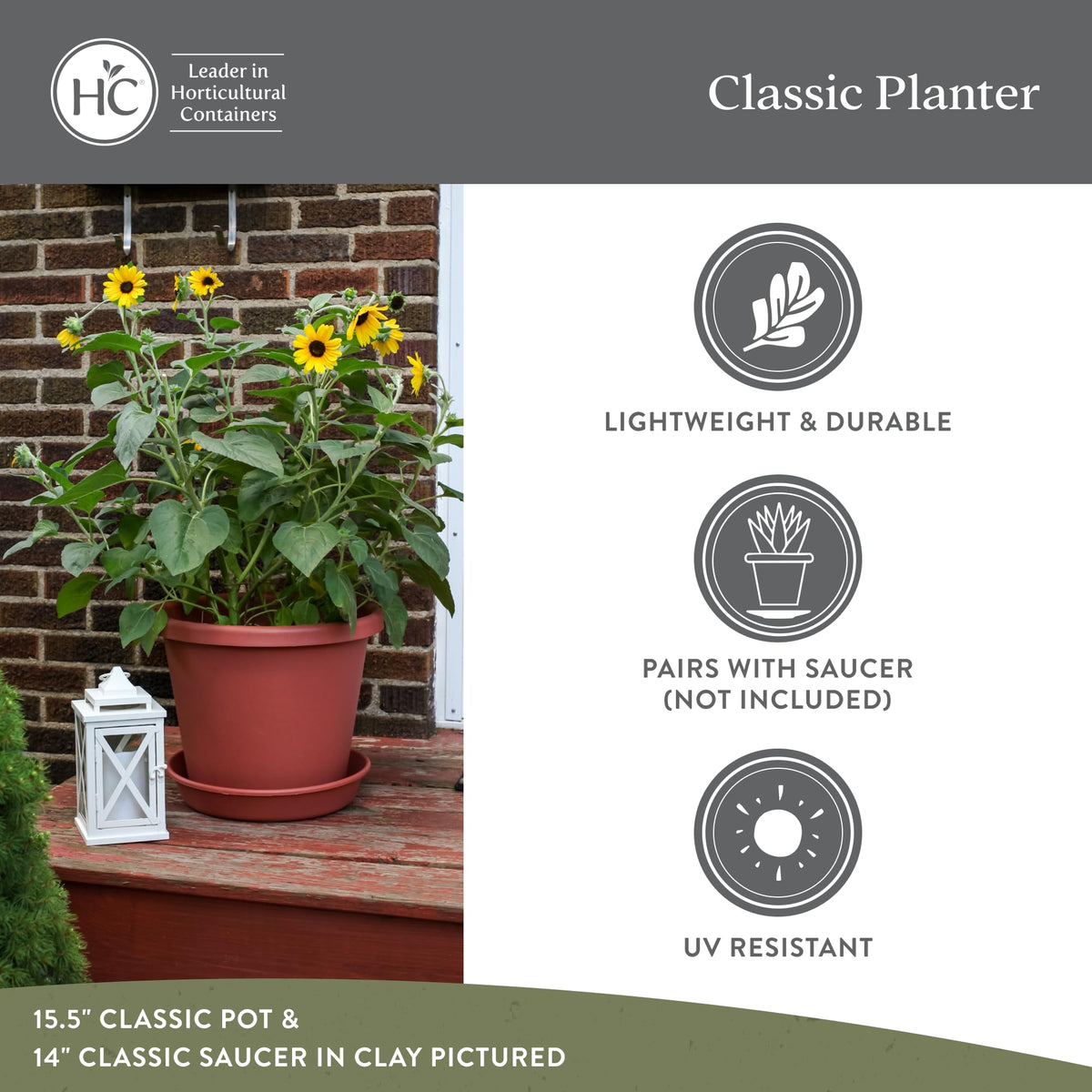 The HC Companies 11.5 Inch Classic Round Planter Pots with Drainage, Rolled Rim Plastic Planters for Indoor & Outdoor Plants, 2-Pack Decorative Flower Pots for Garden, Office & Home Decor, Clay
