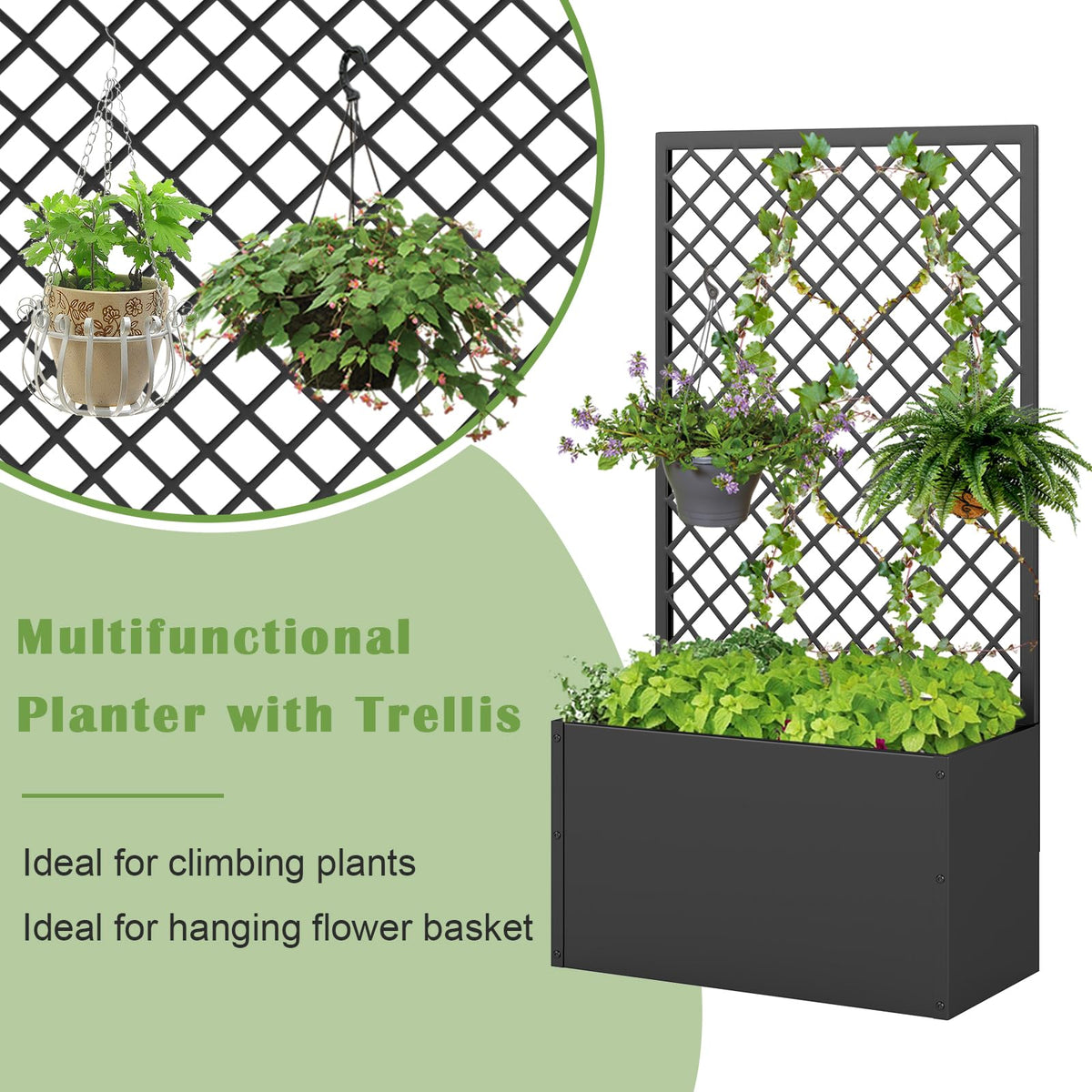 kinbor Planter with Trellis - Metal Planter Boxes Outdoor, Raised Garden Bed with Lattice Trellis for Climbing Plants, Black Flower Boxes Outdoor