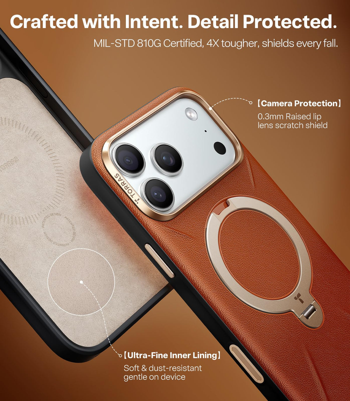 TORRAS Organic Leather for iPhone 17 Pro Case with Stand, Fit for Magsafe, 360 Spin Stand with Camera Control, Premium Leather Durable Stylish Q3 VegSkin for iPhone 17 Pro Phone Case, Saddle Brown