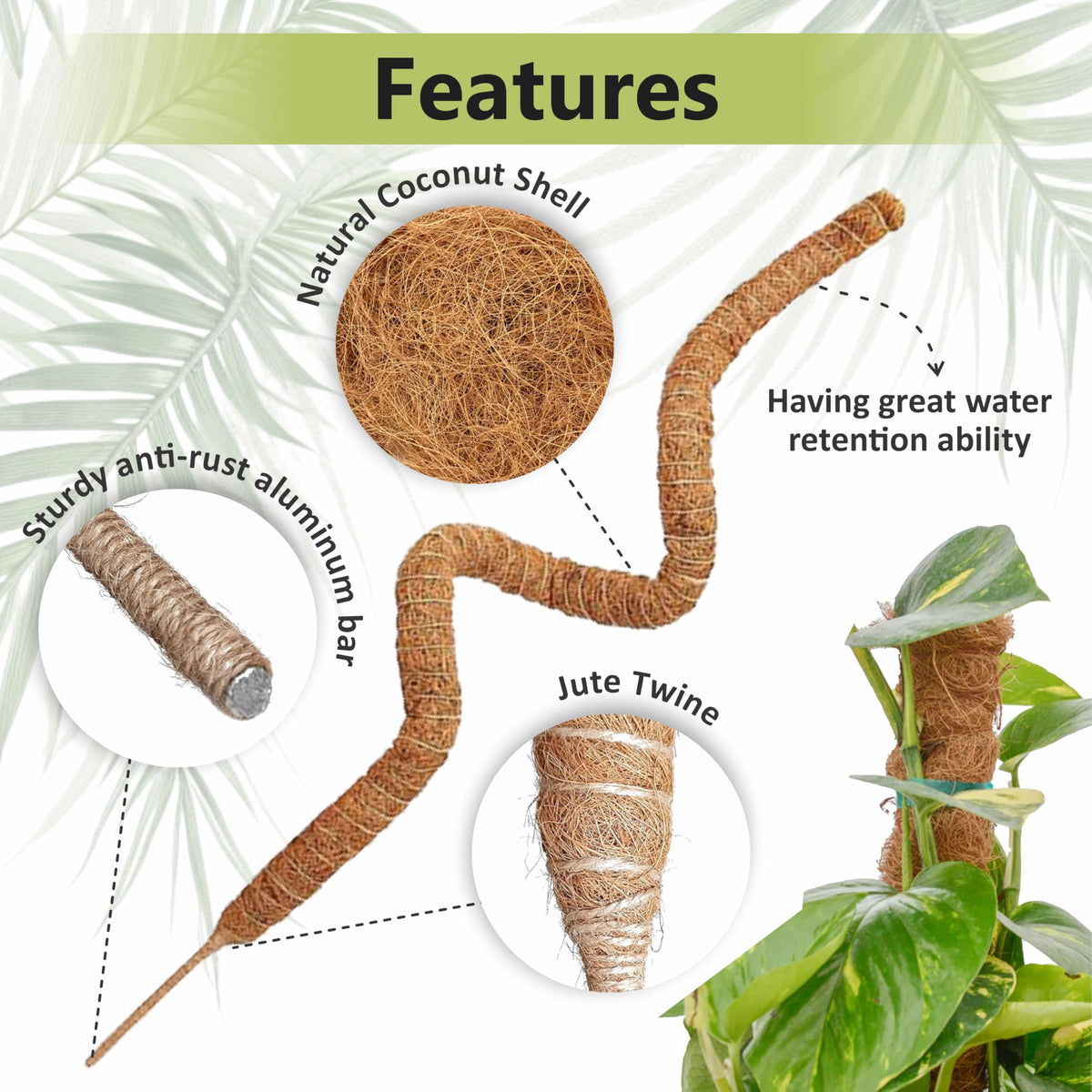 48 Inches Bendable Moss Pole Monstera Plant Support Stakes - Moss Poles for Climbing Plants, Plant Stakes for Indoor Plants - Coco Coir Pole Moss Stick for Monstera, Pothos.