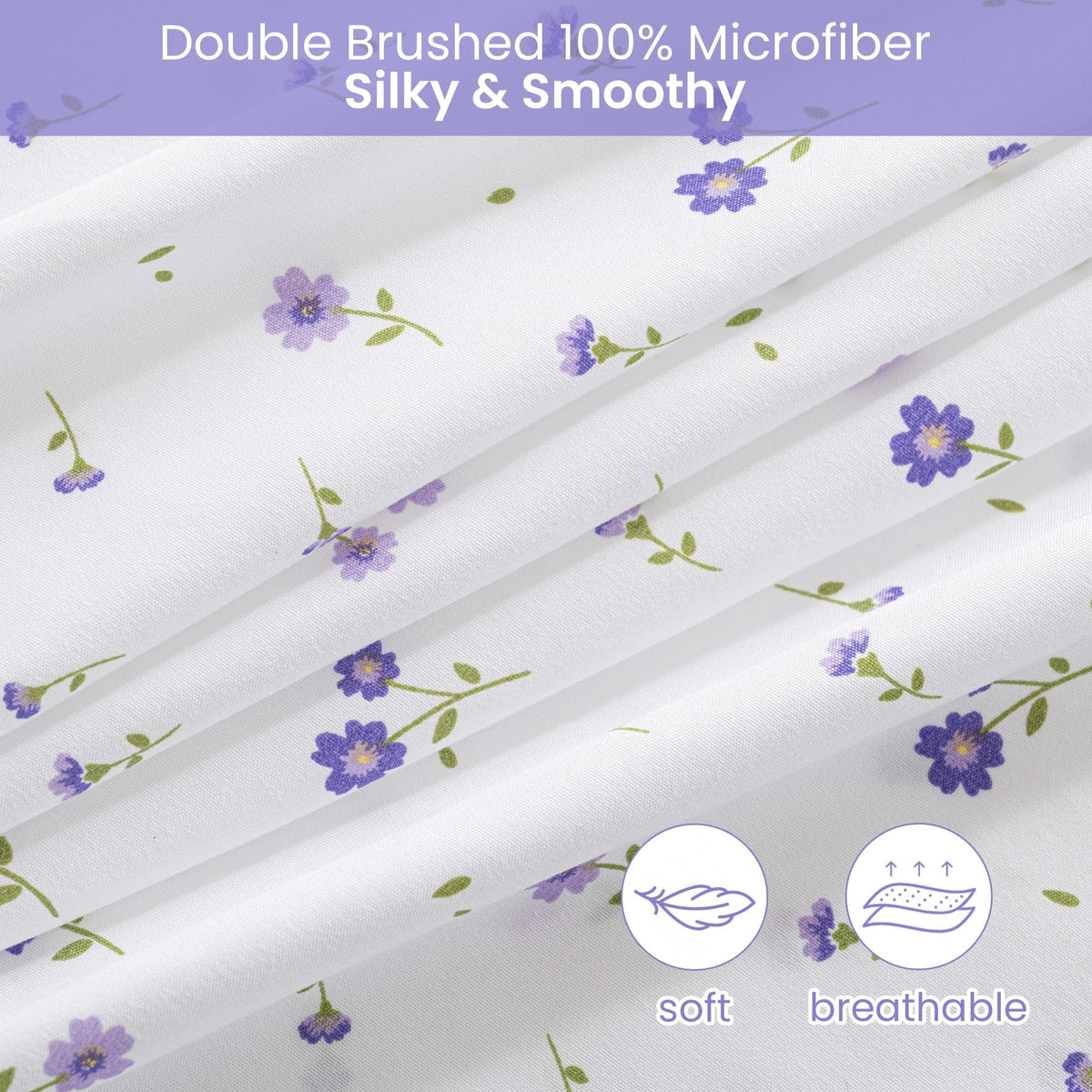 Softan Purple Floral King Bed Sheet Set, Cozy Microfiber Patterned Fitted Sheets with 15" Deep Pocket & Non-Slip Straps, Cute Purple Flower Printed Sheets & Pillowcase Set King