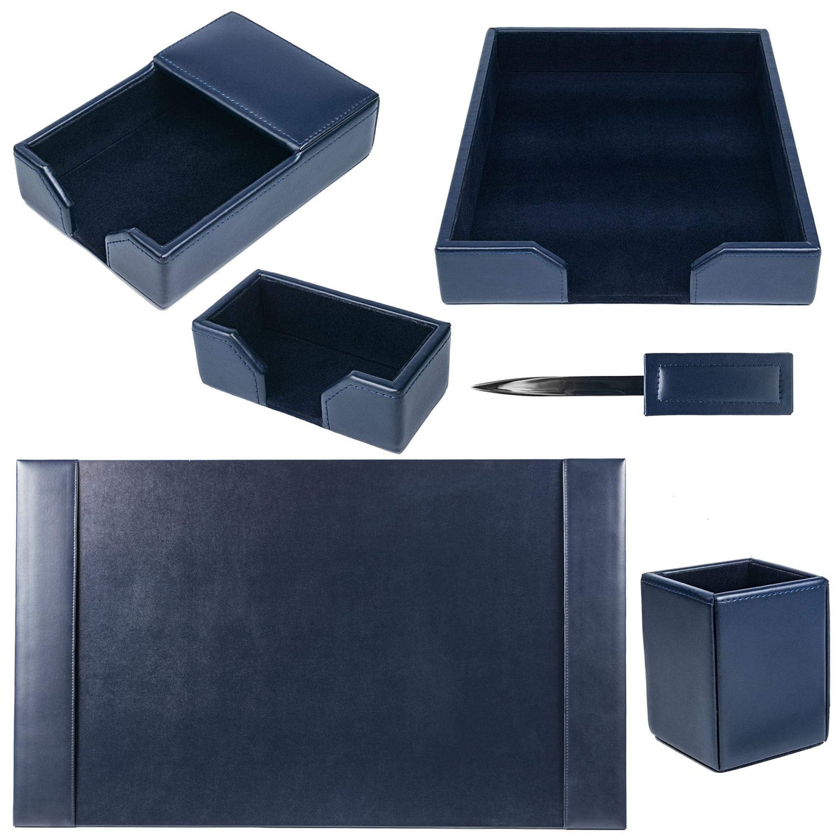 DACASSO Bonded Leather Desk Set - Luxury Leather Desk Pad & Desk Organization Essentials (Navy Blue, 6 Piece)