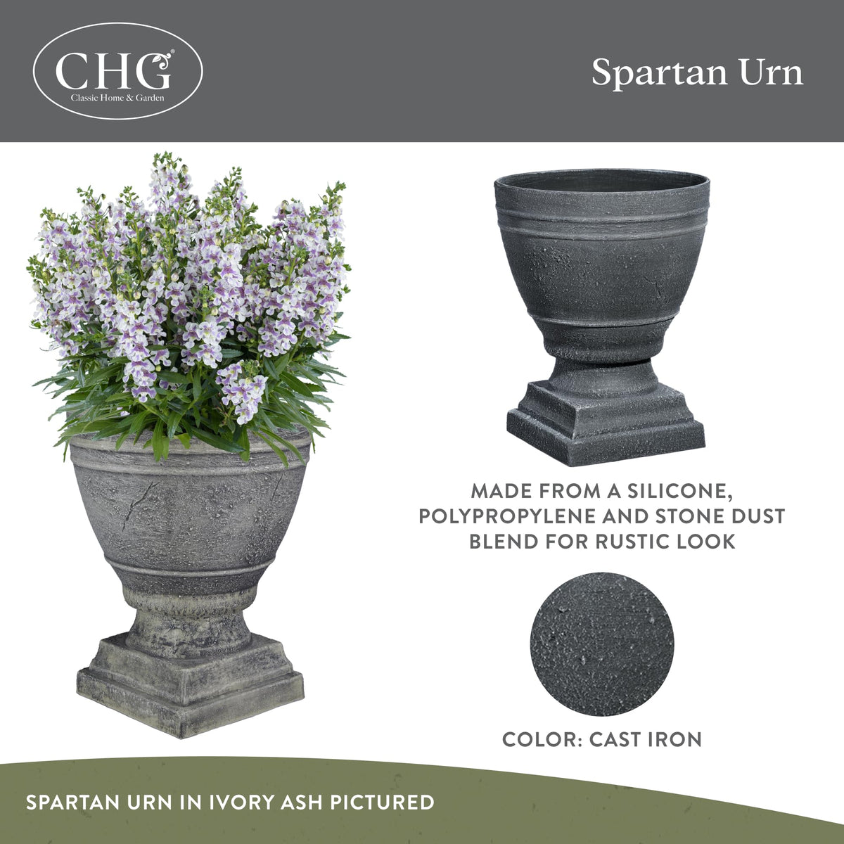 Classic Home and Garden Spartan Urn Planter - Timeless Plant Urn for Floral Displays - Durable Indoor & Outdoor Plastic Garden Planters (14”, Cast Iron)