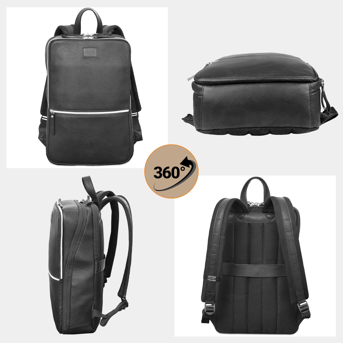 LEATHER VILLAGE Leather Laptop Backpack for Men | Black | Slim Professional Business Bag Fits 15.6”-Laptop | Water-Repellent Work & Travel Daypack with Trolley Strap