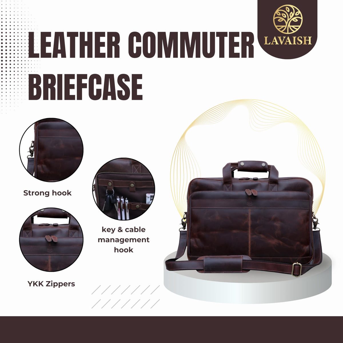 LAVAISH Full-Grain Leather Briefcase for Men & Women – 17 Inch Laptop Bag with Computer Compartment – Premium Leather Office Satchel, Business Messenger Bag, Work Bag for Professionals (Dark Brown)