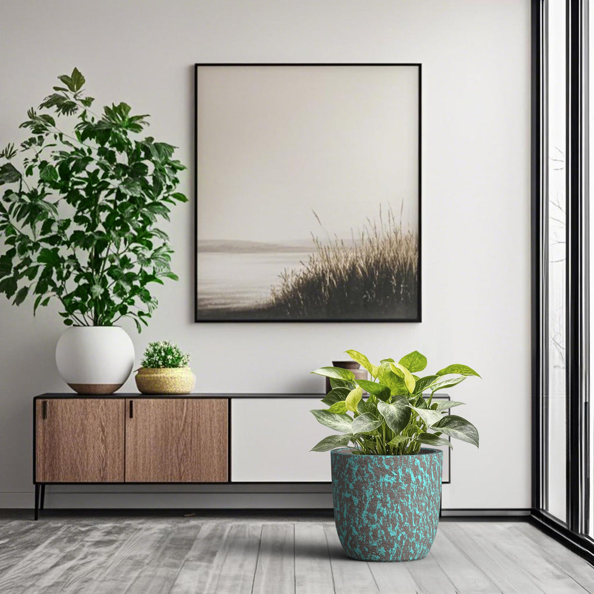 Humid Jade 13.4-Inch Dia Round Concrete Planter, Weathered Clay Speckled Plant Pot with Drainage Hole, Modern Stone Texture for Indoor Outdoor Use – Patio, Garden, Entryway, Ocean Teal Veil