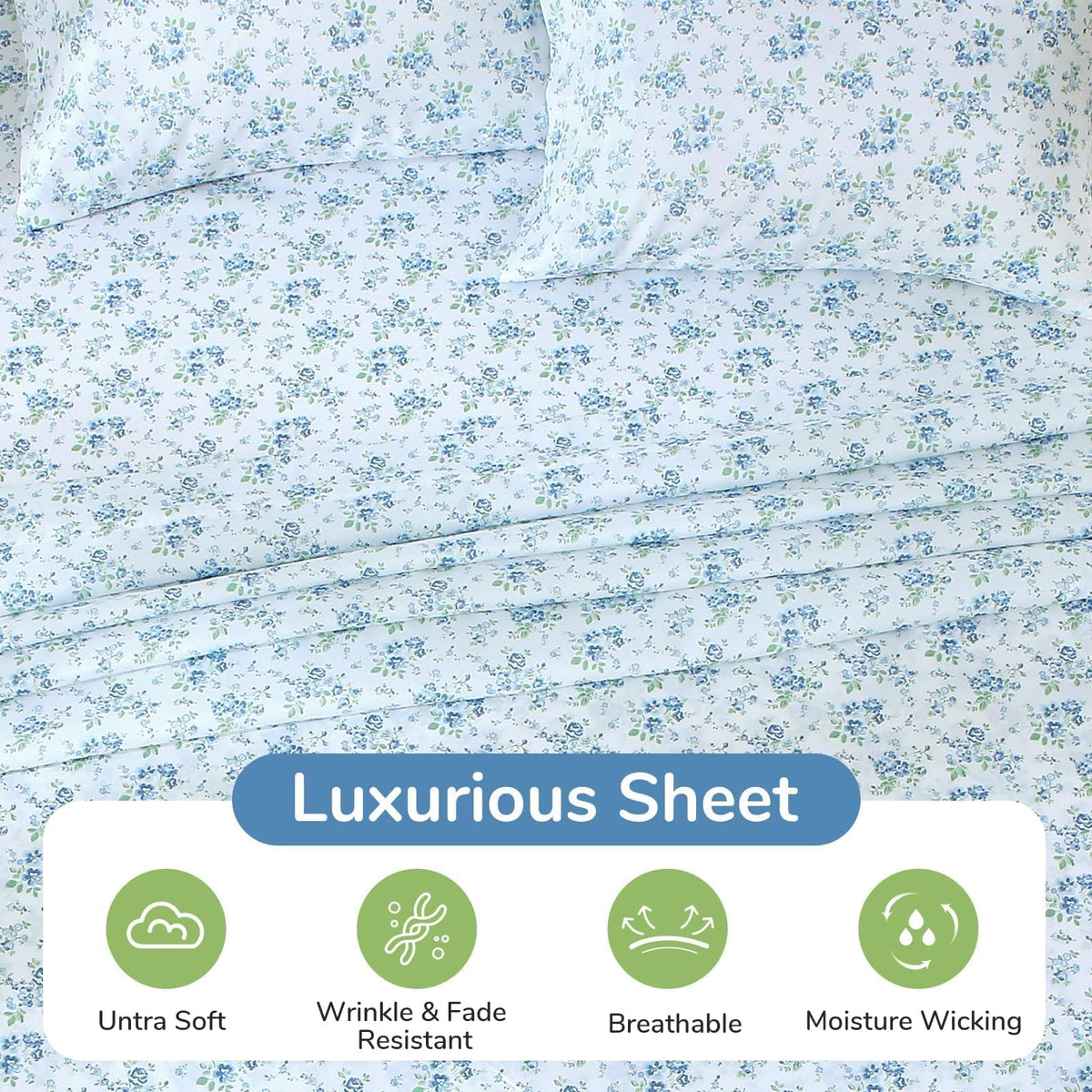 MUXHOMO Queen Size 4 Piece Sheet Set, Soft Breathable Bed Sheet Set for Bedroom with Deep Pocket Up to 16", Wrinkle-Free & Cooling Bedding for Oeko-TEX Certified - Blossoms Light Blue