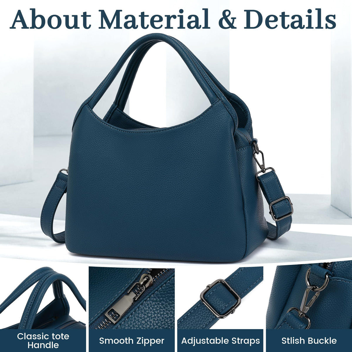 KOGTLA Women's Large Pebbled Leather Purses with Satchel Strap, Ladies Vegan Leather Tote Handbags, Hobo Shoulder Bags Blue