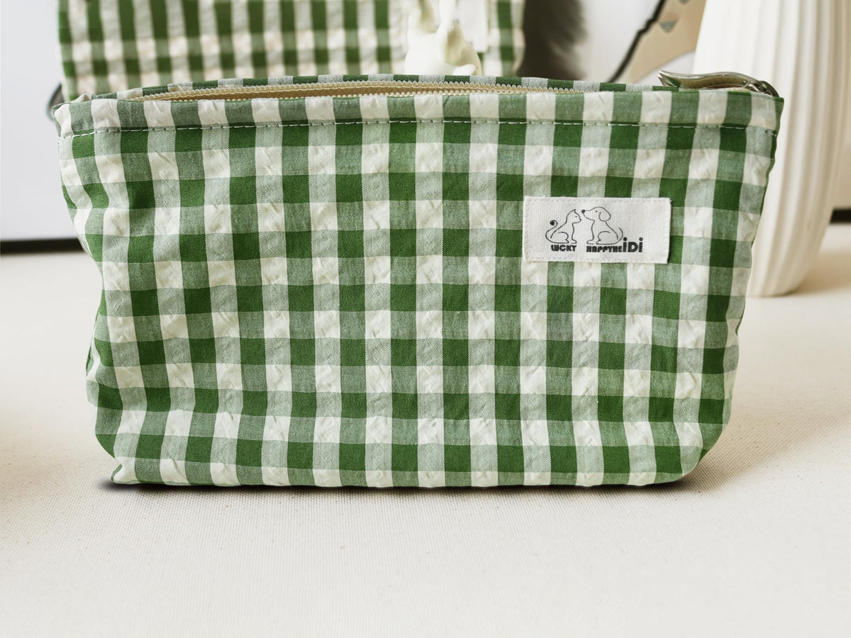 HAPPYHEIDI Nylon Checker Makeup Bag Set 3 with Compartment Cosmetic Toiletry Travel Pouch,Purse Accessory Organizer, 3-Size, Beige Green Plaid, Canvas Lined