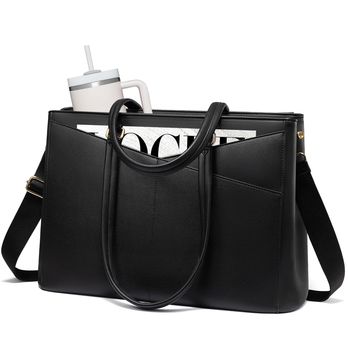 LOVEVOOK Laptop Tote Bag for Women 15.6 Inch Leather Work Bags with Large Cup Holder for Teacher Work Business,Black