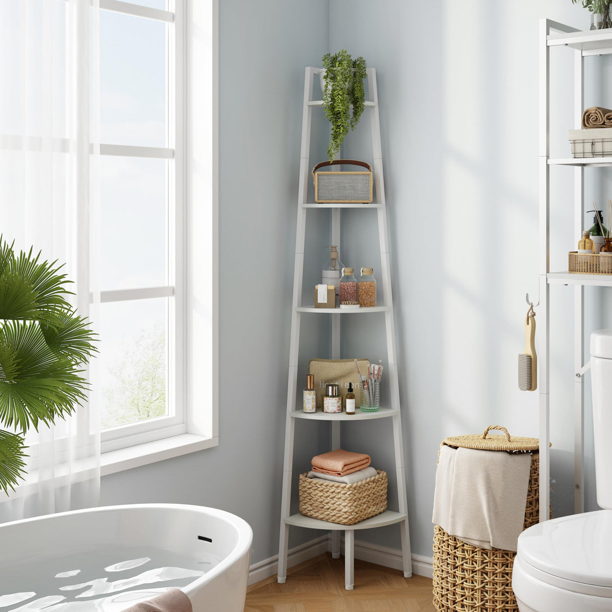 Hoctieon Corner Shelf, 5-Tier Corner Bookshelf, Rustic Ladder Shelf, Industrial Display Stand for Living Room, Kitchen, Home Office, Balcony, Small Space, Metal Frame, White