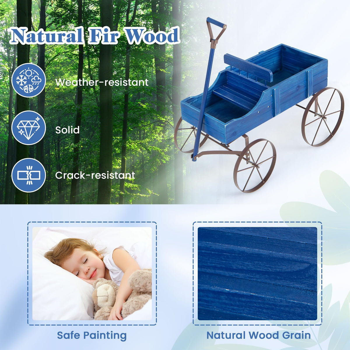 Goplus Wagon Planter, Decorative Wooden Garden Planter with Wheels, 2 Planting Sections and Adjustable Handle, Indoor Outdoor Backyard Balcony Decor (Blue)
