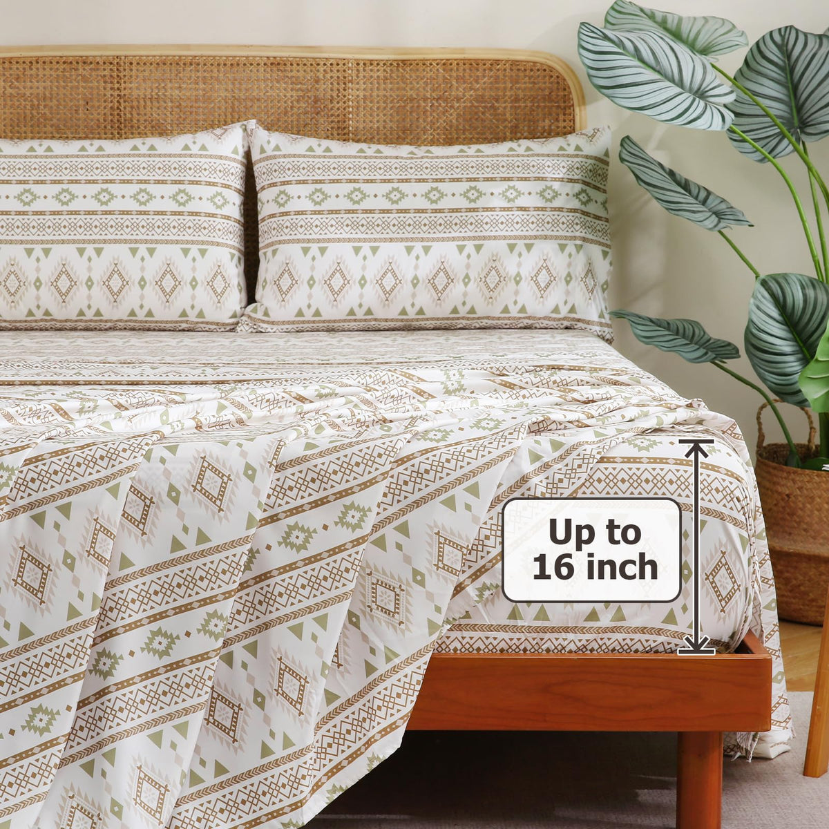 CozySmile 4 Pieces King Sheet Set Bohemian, Boho Sheets Soft Microfiber Deep Pocket, Western Sheets Geometric(King, Cream Olive Geometric)