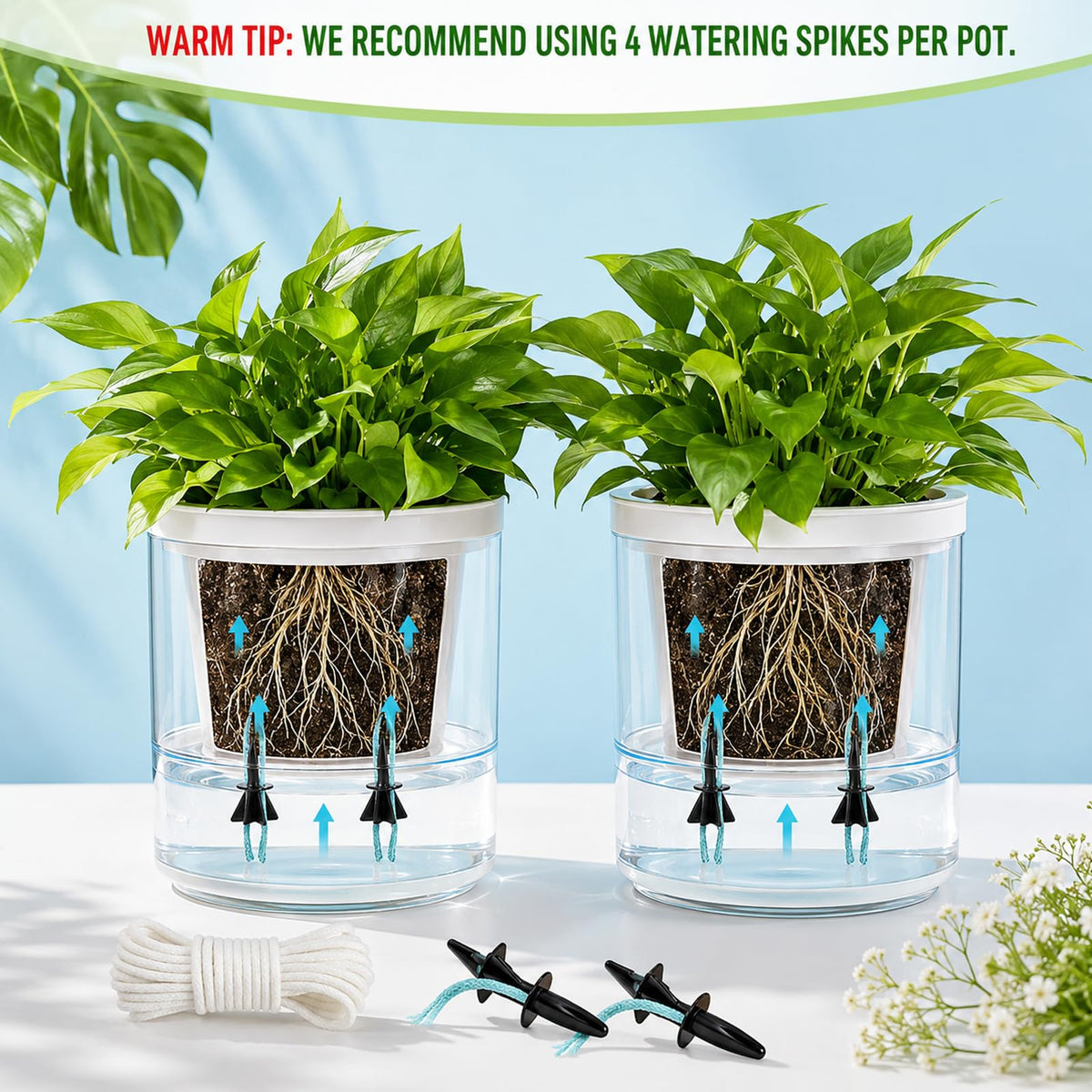 JFBNXB Self Watering Spikes for Indoor Plants, Automatic Plant Watering System for Vacation Care and Office Maintenance, 13-Piece Set with 12 Spikes and Absorbent Cotton Rope