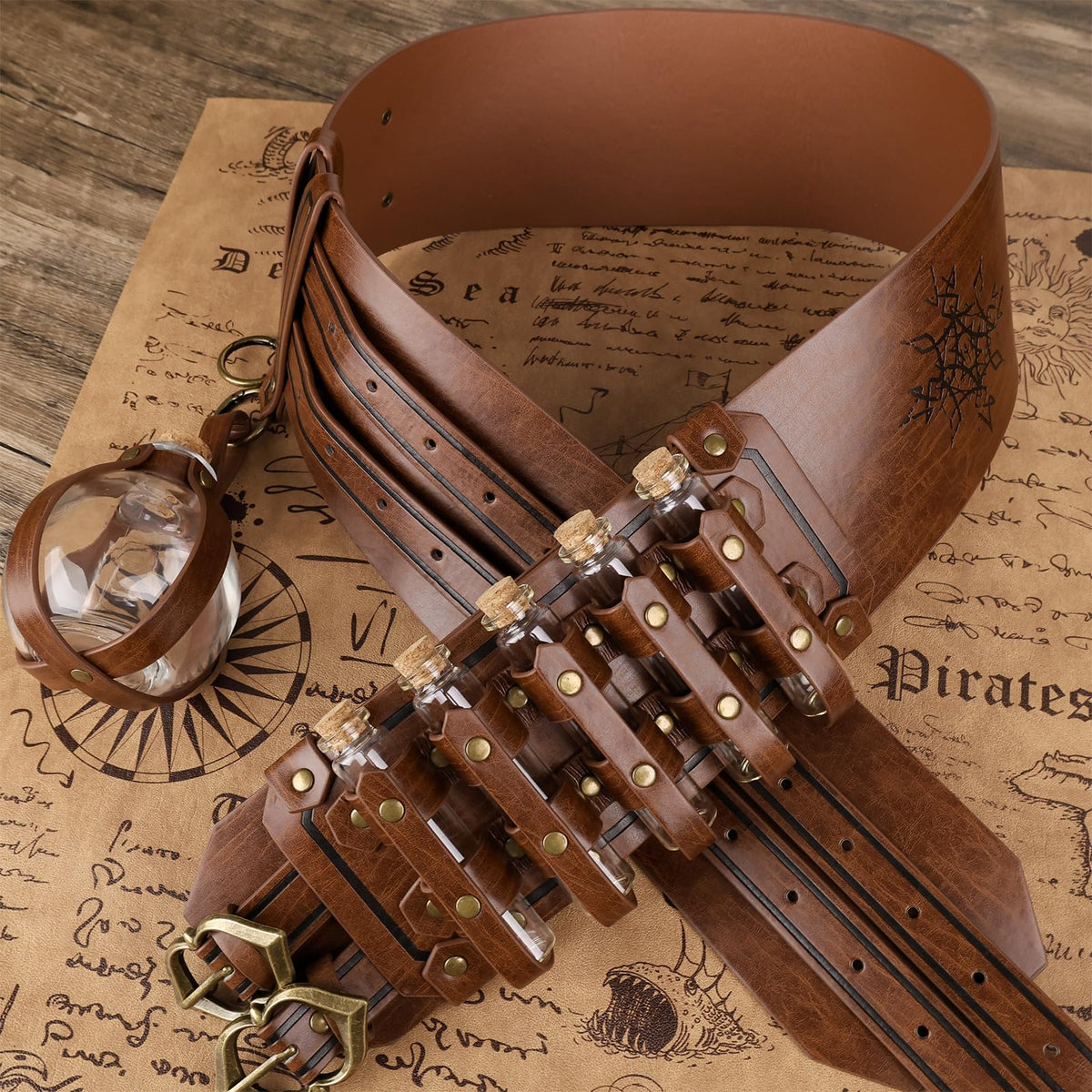 HiiFeuer 5PCs Medieval Faux Leather Alchemy Wide Belt with Skirt Hike Potion Vials Glass Bottle, Fantasy Corset Belt Cosplay (Brown A)