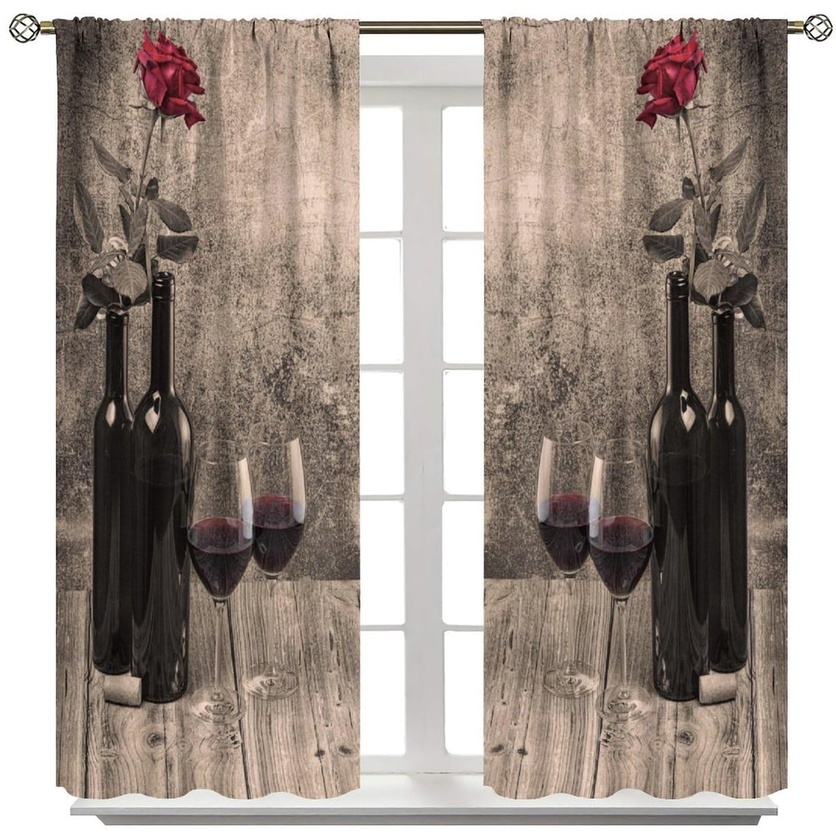 Fblifil Farmhouse Wine Curtains Rustic Retro Rose Wooden Board Printed Rod Pocket Window Drapes for Living Room Bedroom Kitchen Cafe Bar Decor 42" W X 45" L