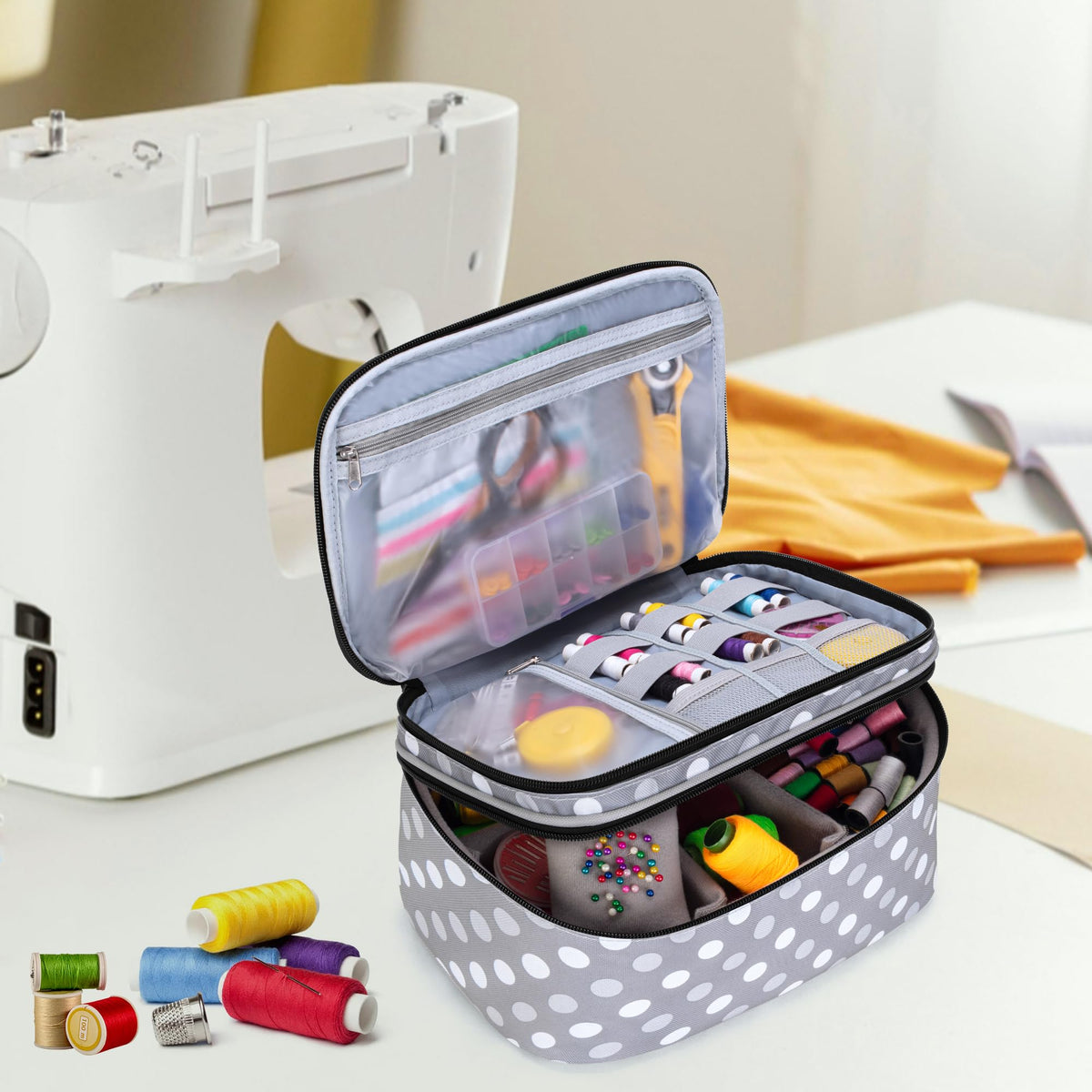 Luxja Double-Layer Sewing Accessories Organizer, Sewing Supplies Organizer for Needles, Thread, Scissors, Measuring Tape and Other Sewing Tools, Large/Polka Dots